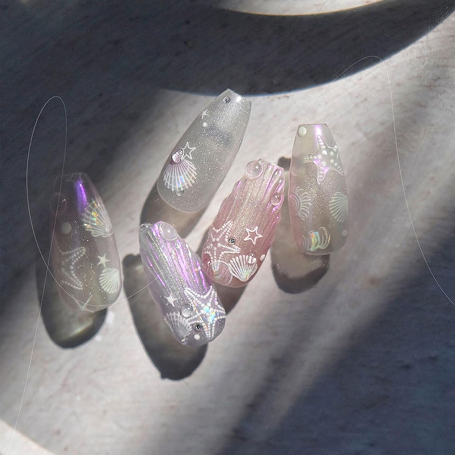 JMEOWIO 3D Nagelsticker Aurora Muschel Seestern Nail Art Naklejka Selbstklebend Nagelaufkleber 5D Stereoskopisch Ozean Thema Dekoration Nageldesign Zubehör 1 Blatt