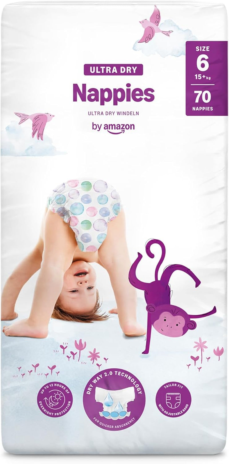 Pieluchy Amazon Ultra Dry, rozmiar 1 (2-5 kg) - pudełko miesięczne, białe, 96 sztuk (2 opakowania po 48) (dawniej marka Mama Bear, identyczny produkt)
