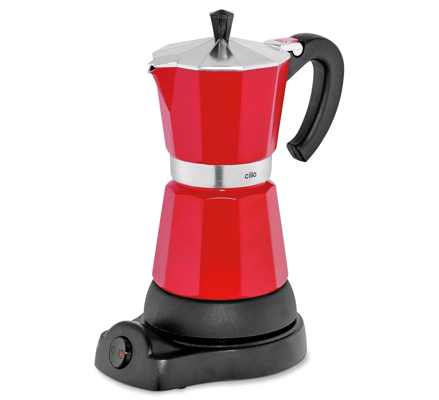 Ekspres Cilio Classico na 6 filiżanek | elektryczny 480W | Ø 11,5 cm Wysokość: 25 cm | aluminium | czerwony | zintegrowana płyta | z funkcją zatrzymywania ciepła i filtrem redukcyjnym | do podróży lub biwakowania