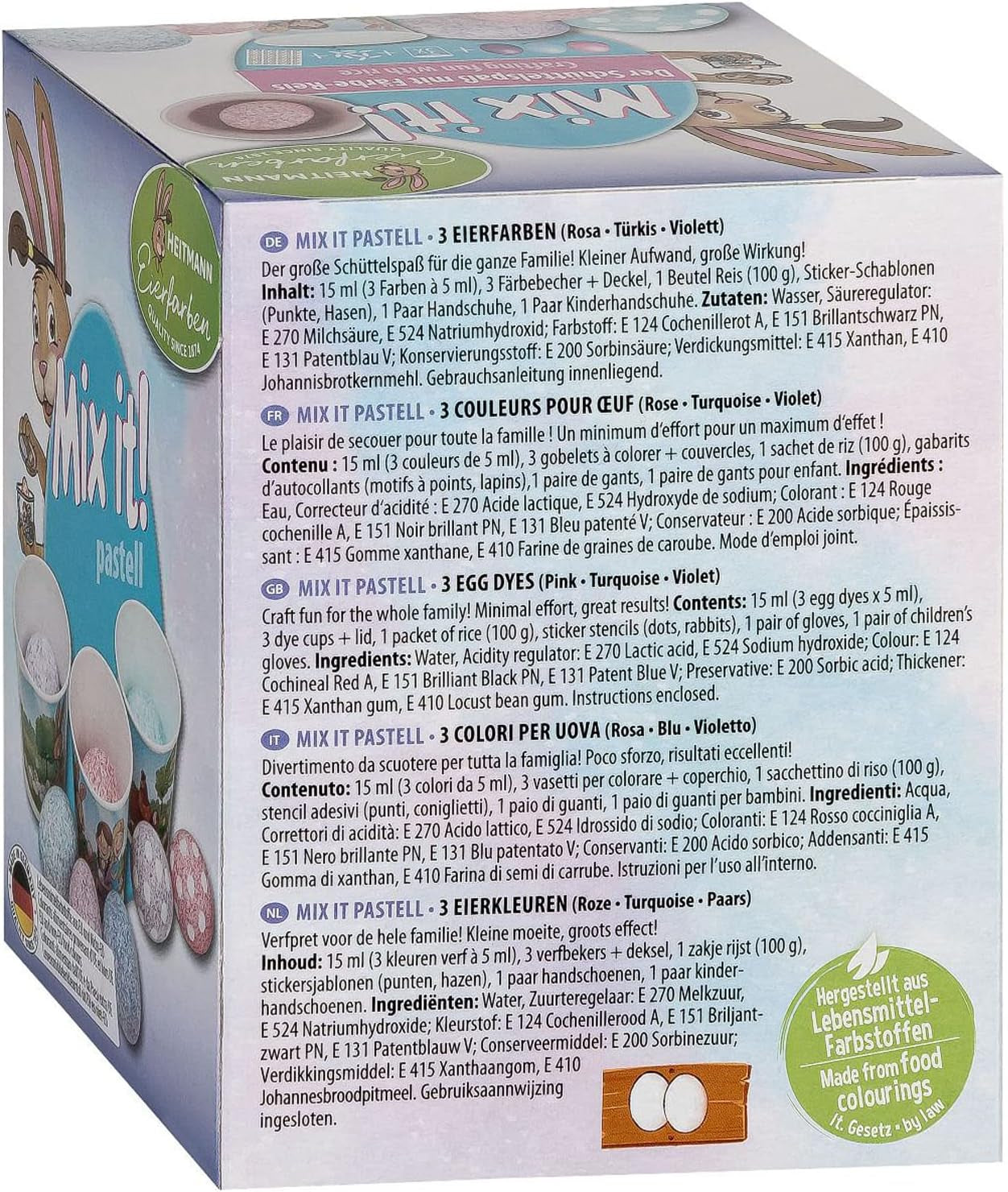 Heitmann Egg Dyes - Mix It Pastel - 3 płynne barwniki do jajek w kolorze różowym, turkusowym i fioletowym, kubek, ryż, szablony i rękawiczki - Łatwe farbowanie jajek