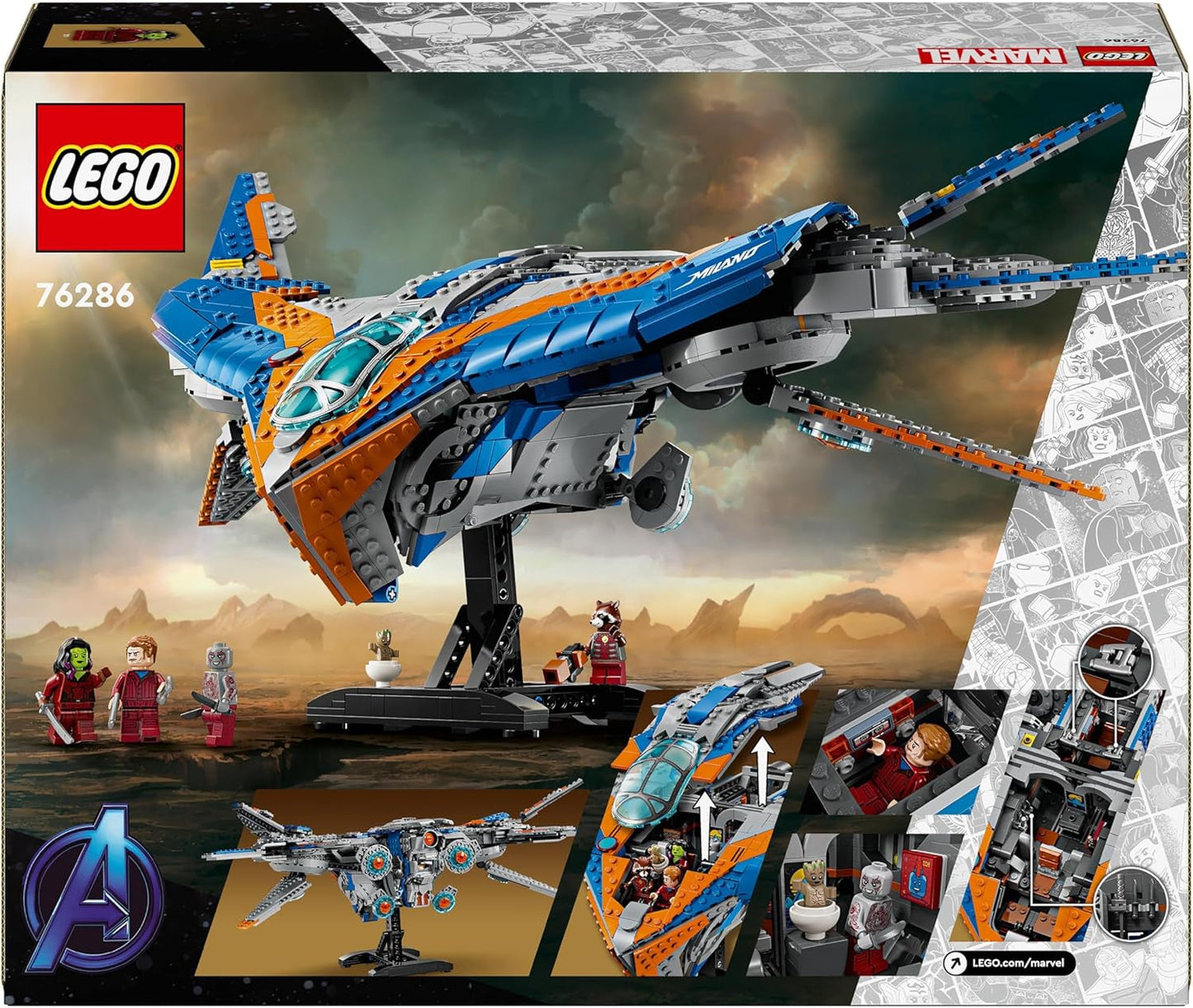 LEGO Marvel Strażnicy Galaktyki: Budowa statku kosmicznego w Mediolanie Model statku kosmicznego z 4 minifigurkami superbohaterów Ulotka Avengers na kosmiczne przygody Prezent dla chłopców i dziewcząt 76286 Zestawy do budowania Zobacz sklep LEGO