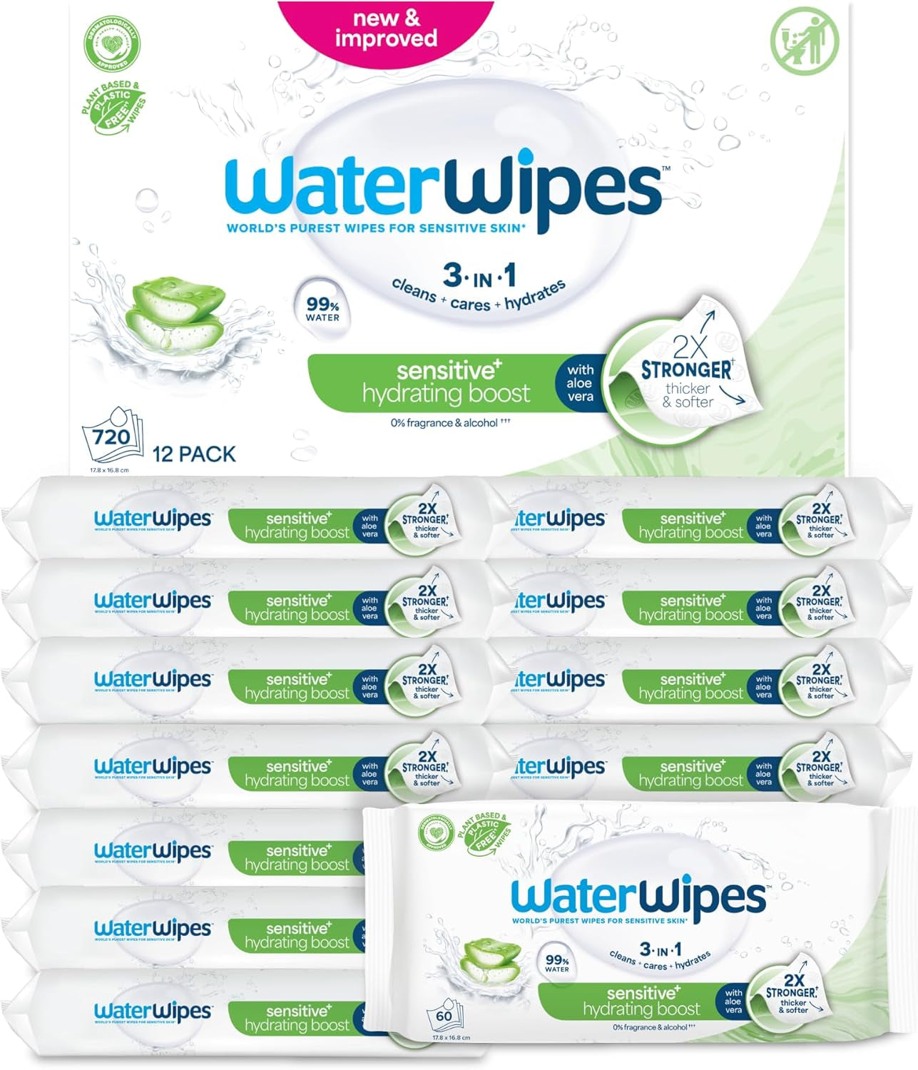WaterWipes Sensitive+ Hydrating Boost Chusteczki nawilżane, Chusteczki nawilżające, 360 sztuk (6 szt.), 3 w 1 Czyszczenie, pielęgnacja, nawilżanie, 99% wody z aloesu, bezzapachowe chusteczki dla dzieci