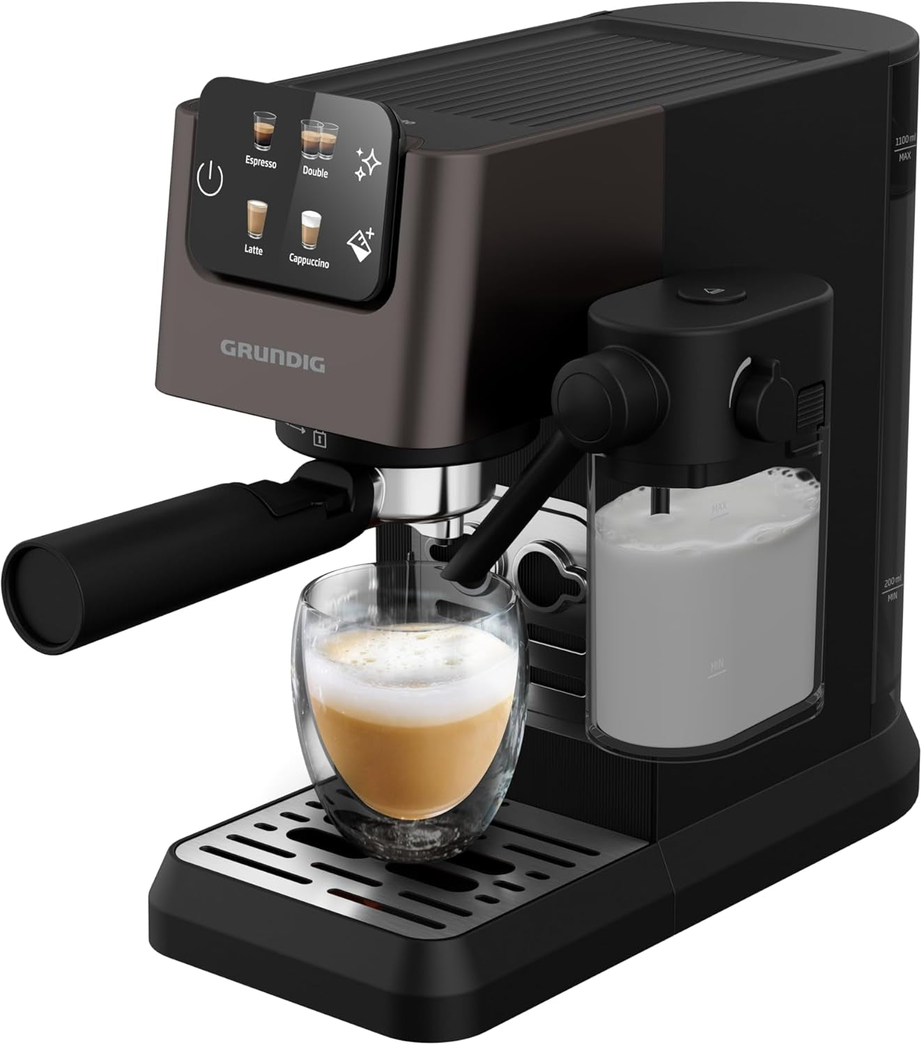 Ekspres do kawy z kolbą GRUNDIG KSM 5330 ze zintegrowanym pojemnikiem na mleko, moc 1628 W, ciśnienie pompy 15 bar, podwójna dysza, kolorowy wyświetlacz dotykowy, BrewSense, CreamyPro, Ciemna stal nierdzewna/Czarny