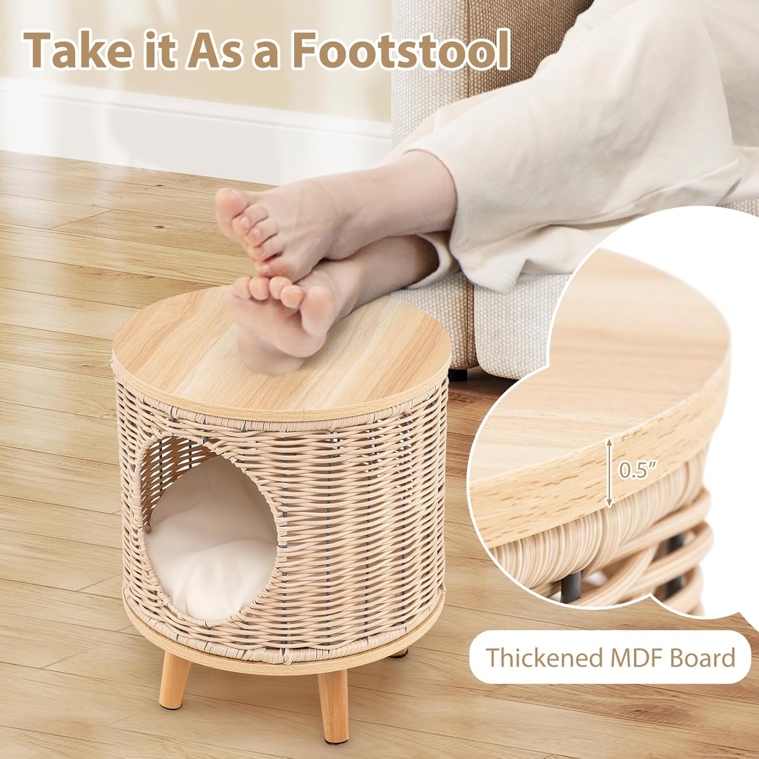 Katzenhaus Rattan, Katzenmöbel mit Holzbeinen & soft Kissen, 3 w 1 Katzenhöhle Fußhocker Nachttisch, Katzenbett stabil bis 30 kg dla Wohnzimmer Schlafzimmer