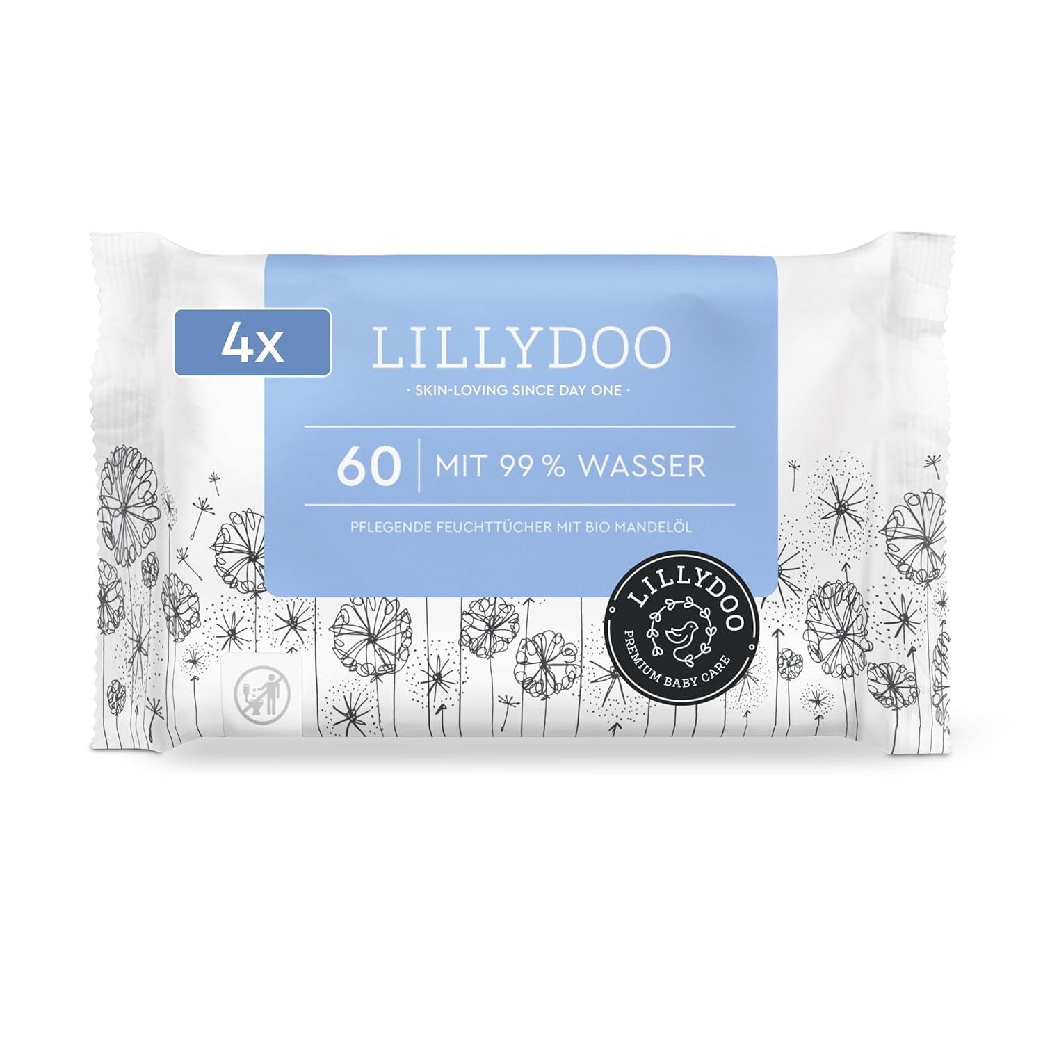 LILLYDOO Zielone chusteczki nawilżane, 600 szt. (10 x 60), odporne na rozdarcia chusteczki w 100% wolne od plastiku - bezzapachowe, delikatne i naturalne, delikatnie oczyszczają wrażliwą skórę, testowane dermatologicznie