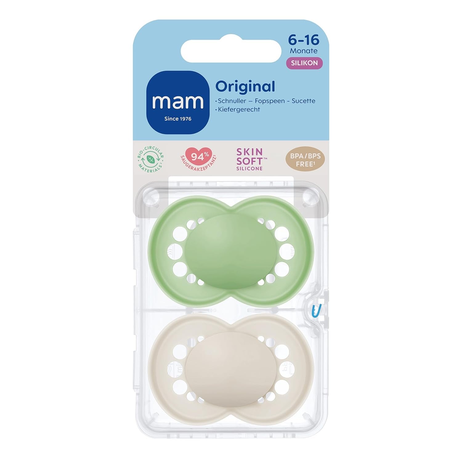 MAM Original smoczki, 2 sztuki, przyjazne dla zębów smoczki dla niemowląt, wykonane z materiałów zrównoważonych i bioregenerowalnych, smoczki silikonowe MAM SkinSoft, z pudełkiem na smoczek, 6-16 miesięcy, zielony/beżowy