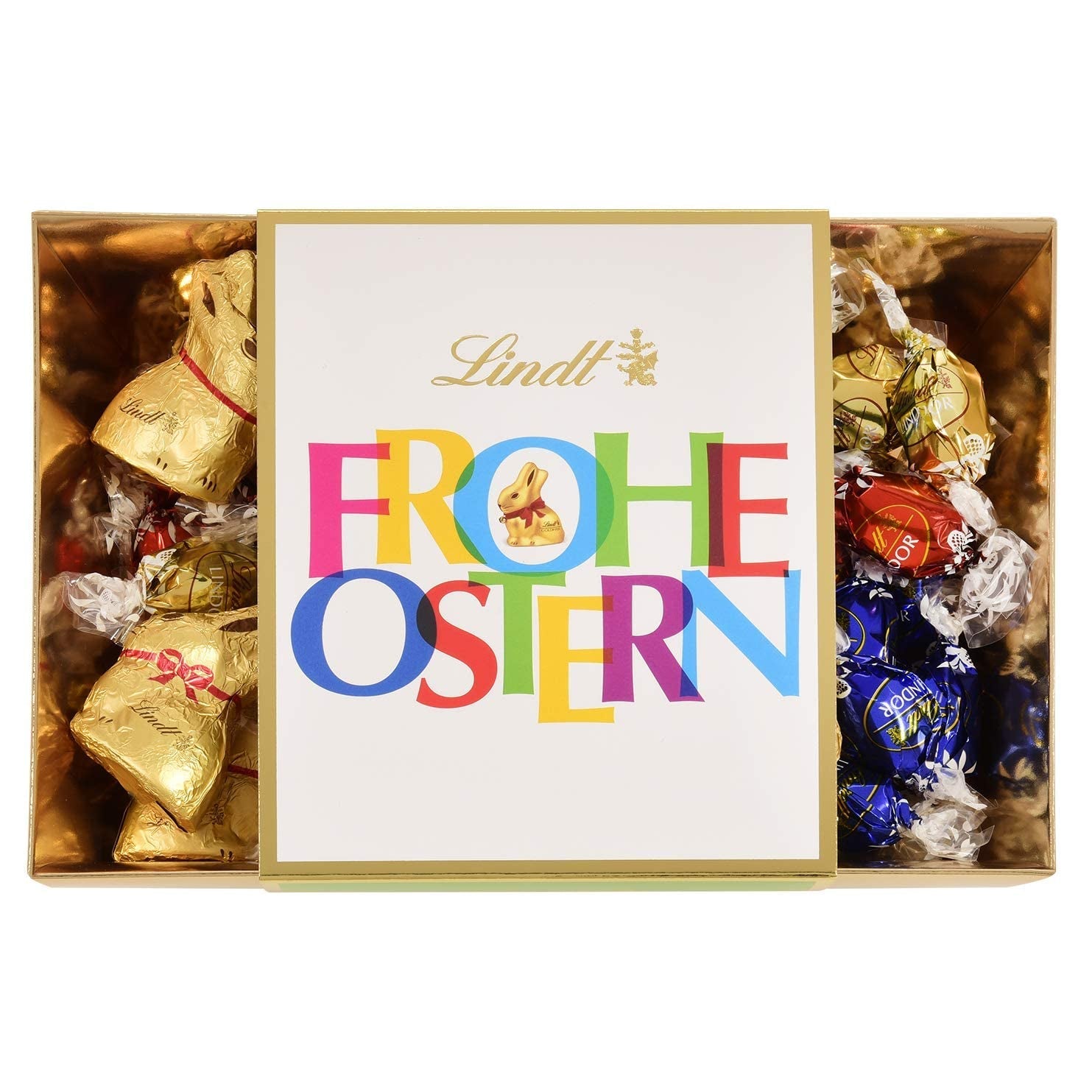 Kolorowe czekoladowe gniazdko wielkanocne Lindt | 310 g | 8 x Mini Złote Króliczki, 26 x Jajka Lindor z mlecznej czekolady, 15 x Jajka Lindor z białą czekoladą, 10 x Jajka Lindor z ciemnej czekolady | Czekolada Wielkanocna | Prezent Czekoladowy