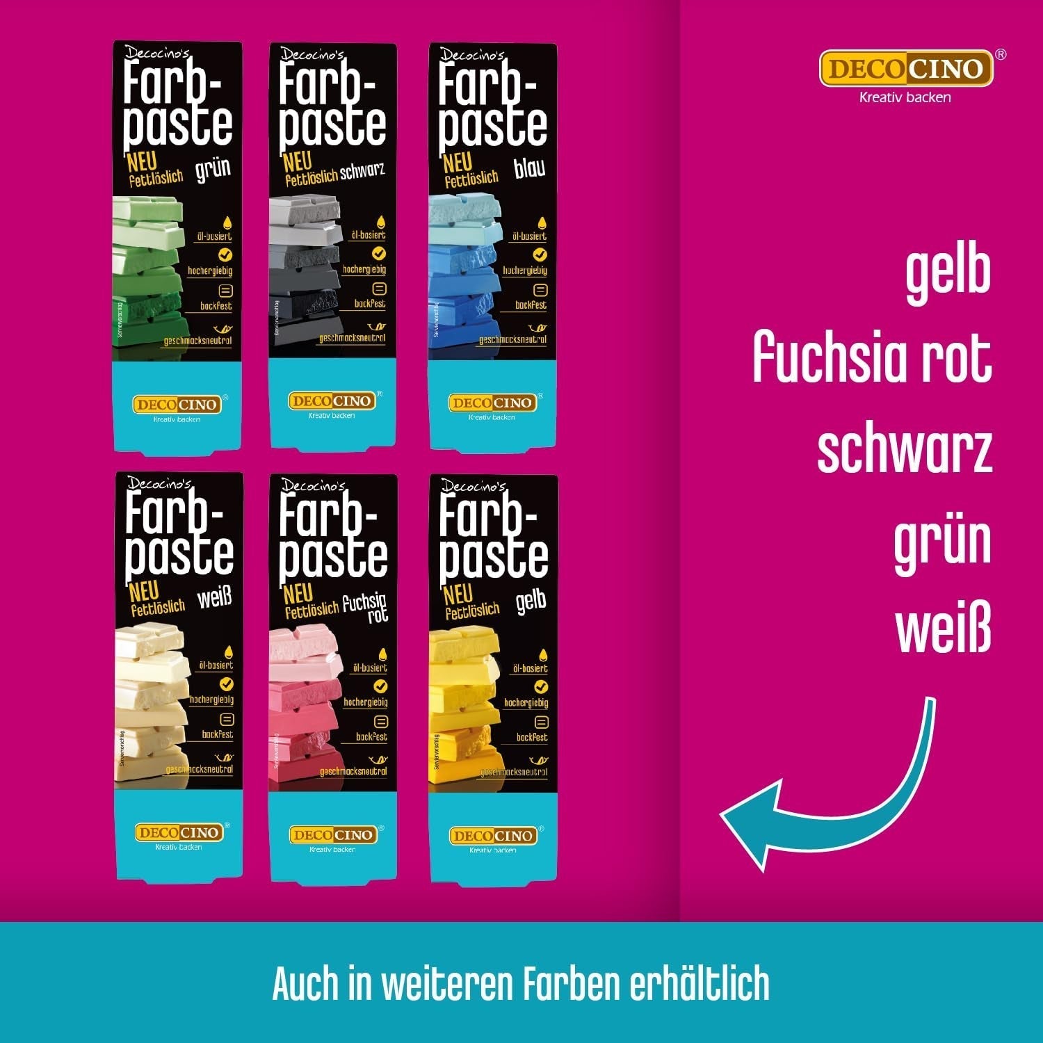 Decocino Rozpuszczalna w tłuszczach pasta koloryzująca Zestaw 6 - 6 x 15 g - Barwnik spożywczy w kolorze czerwonym, białym, zielonym, żółtym, niebieskim i czarnym, idealny do barwienia ciast, kremów i kremów - Bez azo i glutenu