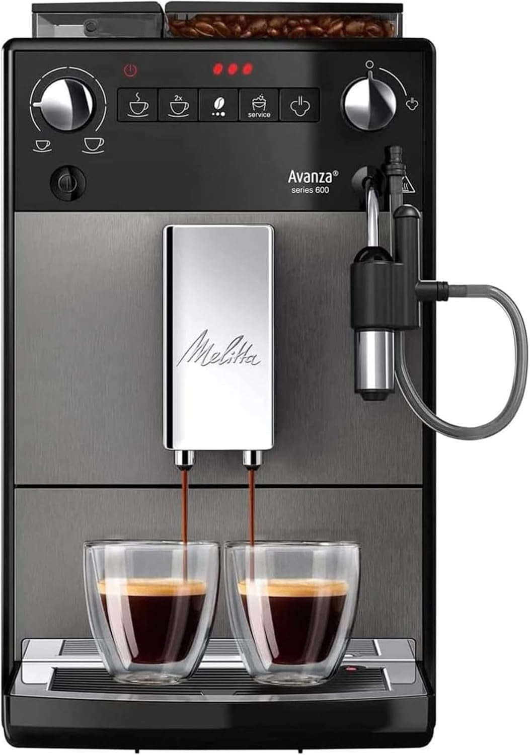 Melitta Avanza - W pełni automatyczny ekspres do kawy z systemem mlecznym, ekspresem ze młynkiem i bardzo dużym zbiornikiem na wodę (1,5 l) np. do kawy. cappuccino lub espresso, mistyczny tytan