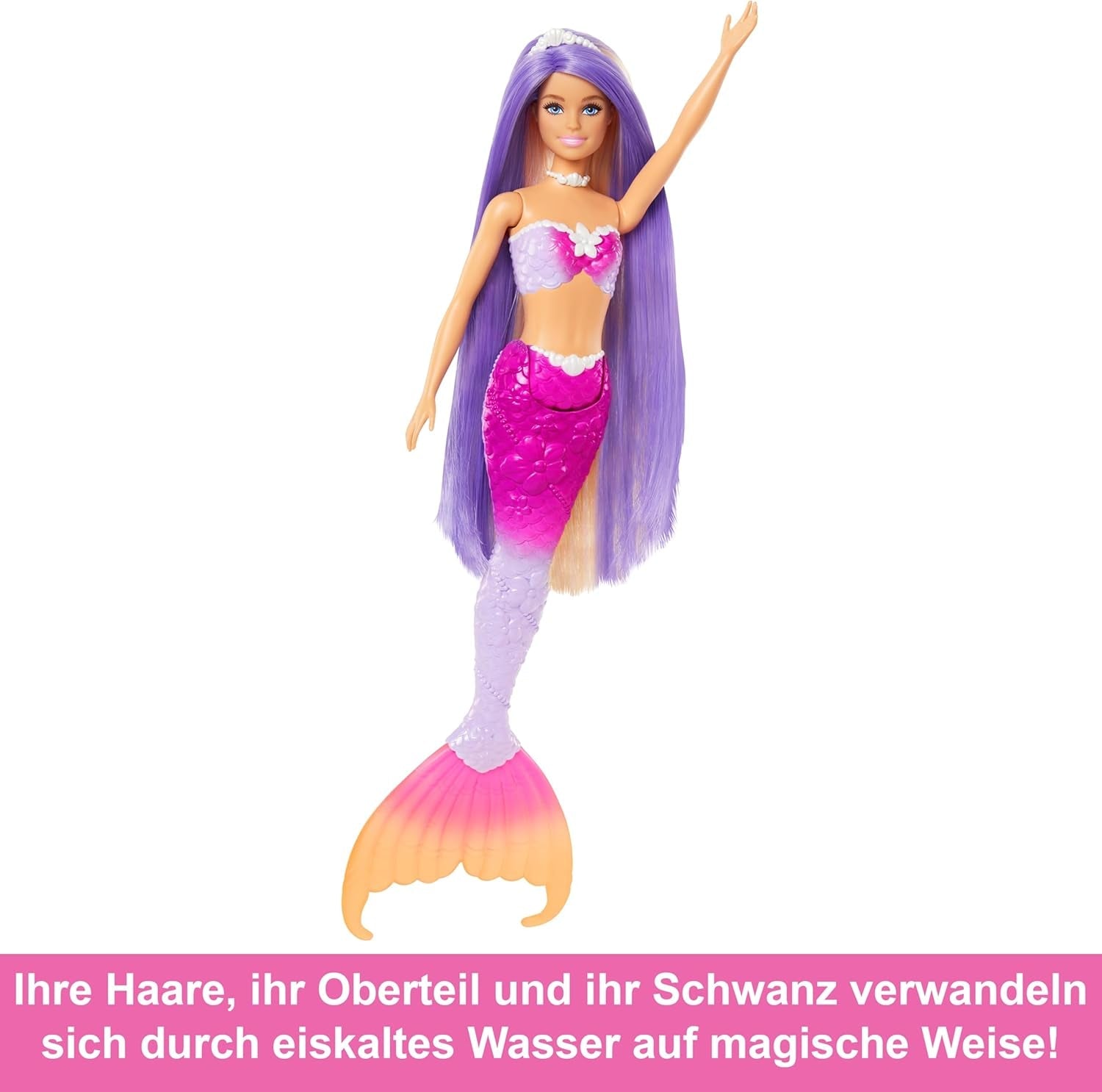 Lalka Syrenka BARBIE - inspirowana serialem telewizyjnym „Barbie: Ukryta magia” z efektem zmiany koloru i dodatkami, różowe włosy o długości 19 cm do stylizacji, dla dzieci w wieku od 3 lat i starszych, HRP97