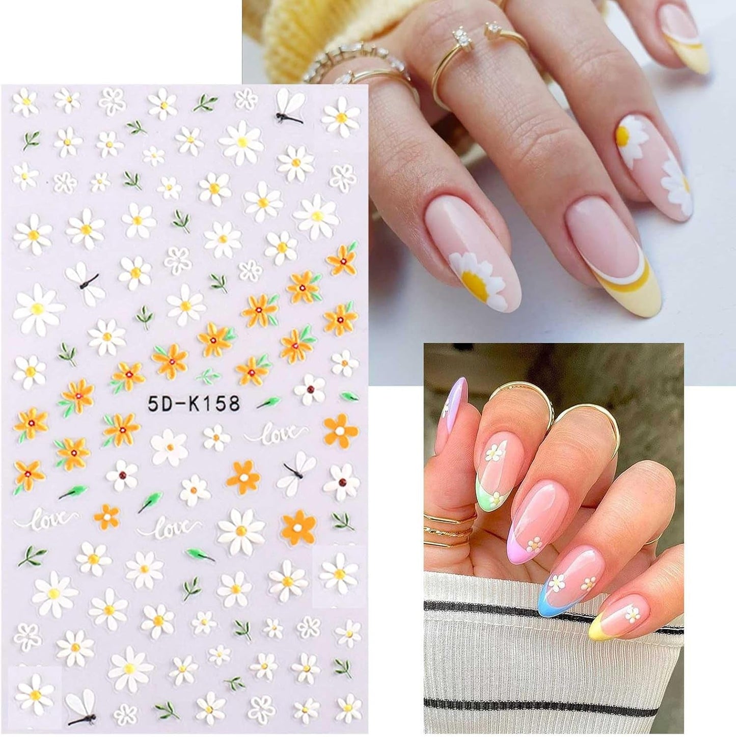 JMEOWIO 3D Nagelsticker Frühling Blumen 5 Blatt Nagelaufkleber 5D Stereoskopisch Selbstklebend Bunte Blüte Nail Art Naklejka Dekoracja Nageldesign Zubehör