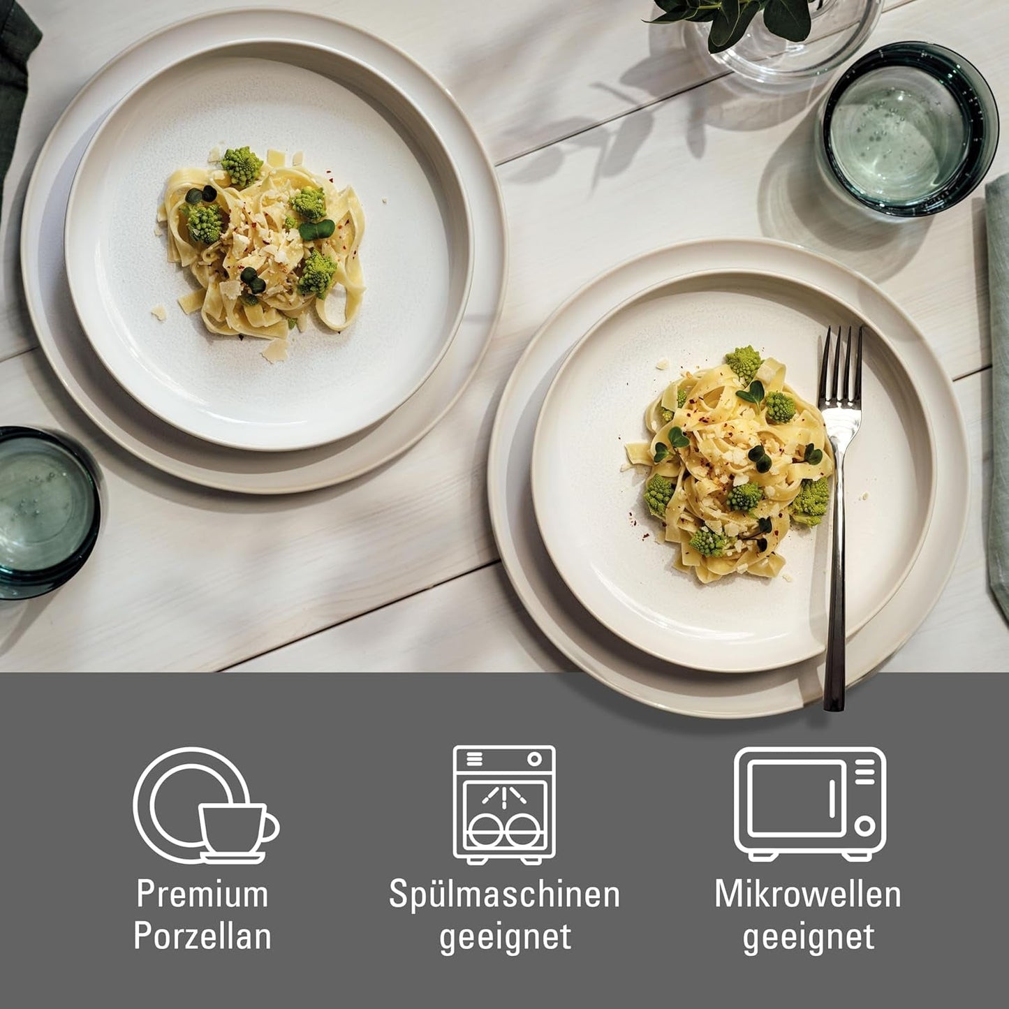 tak jak. by Villeroy & Boch – Zestaw obiadowy wykonany z bawełny 4 teilig Weiß, Spülmaschinenfest, Mikrowellensicher, Geschirrset, Tafelservice Modern, Speiseteller, Tiefe Teller, Pottery-Look, Premium Porzellan