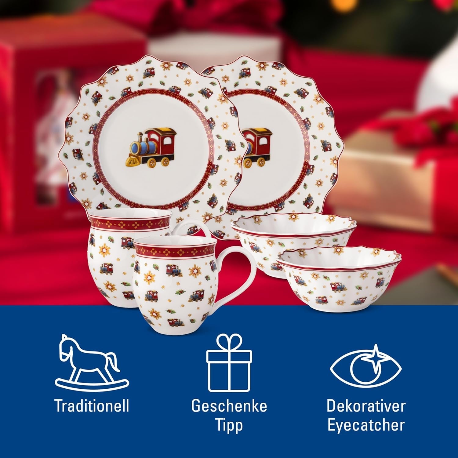 Villeroy & Boch - Zestaw śniadaniowy Toy's Delight dla 2 osób, wzór lokomotywy, 6 sztuk, kolorowy, bożonarodzeniowy, zestaw obiadowy z talerzami, filiżankami i miskami na śniadanie, świąteczne zastawy stołowe, porcelana Premium