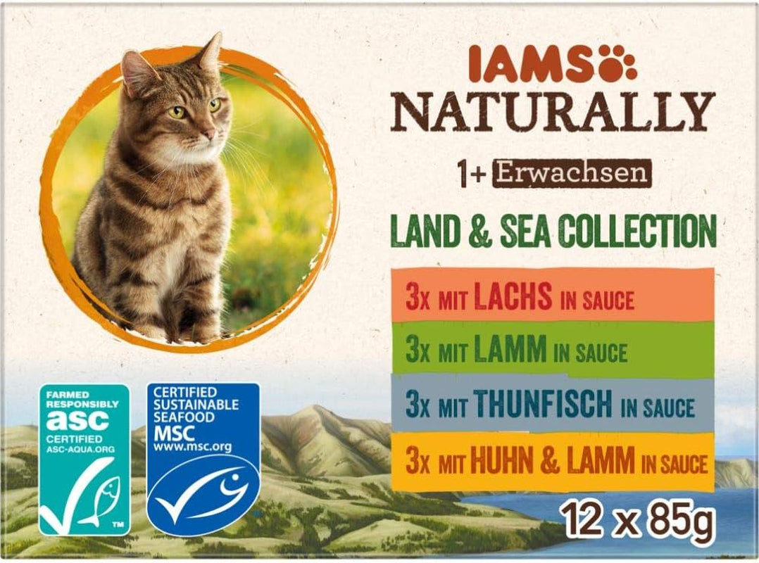 IAMS Natural Mokra karma dla kotów w sosie - Wysokiej jakości mokra karma mięsna i rybna dla dorosłych kotów, kolekcja Land & Sea, 12 x 85g