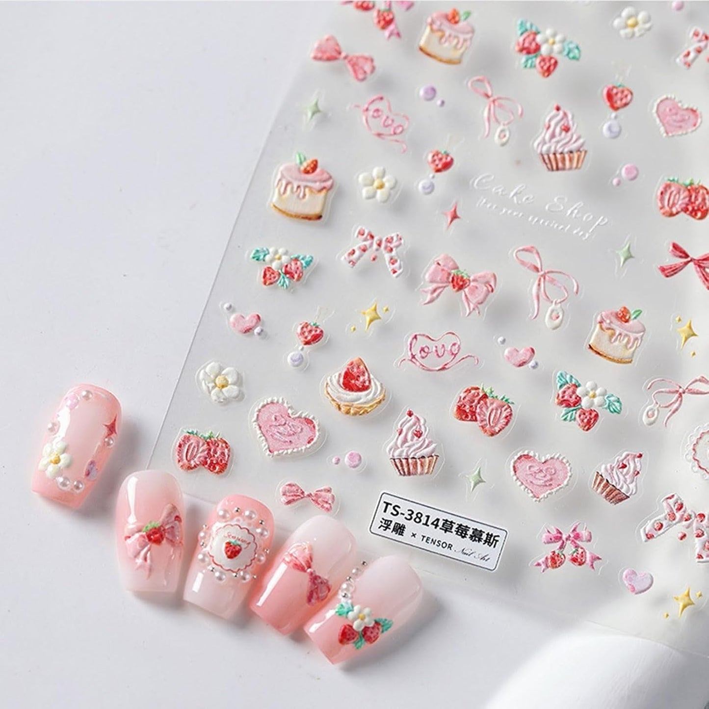 JMEOWIO 3D Nagelsticker Rosa Nail Art Naklejka Selbstklebend Nagelaufkleber 5D Stereoskopisch Kuchen Erdbeerschleife Dekoration Nageldesign Zubehör 1 Blatt