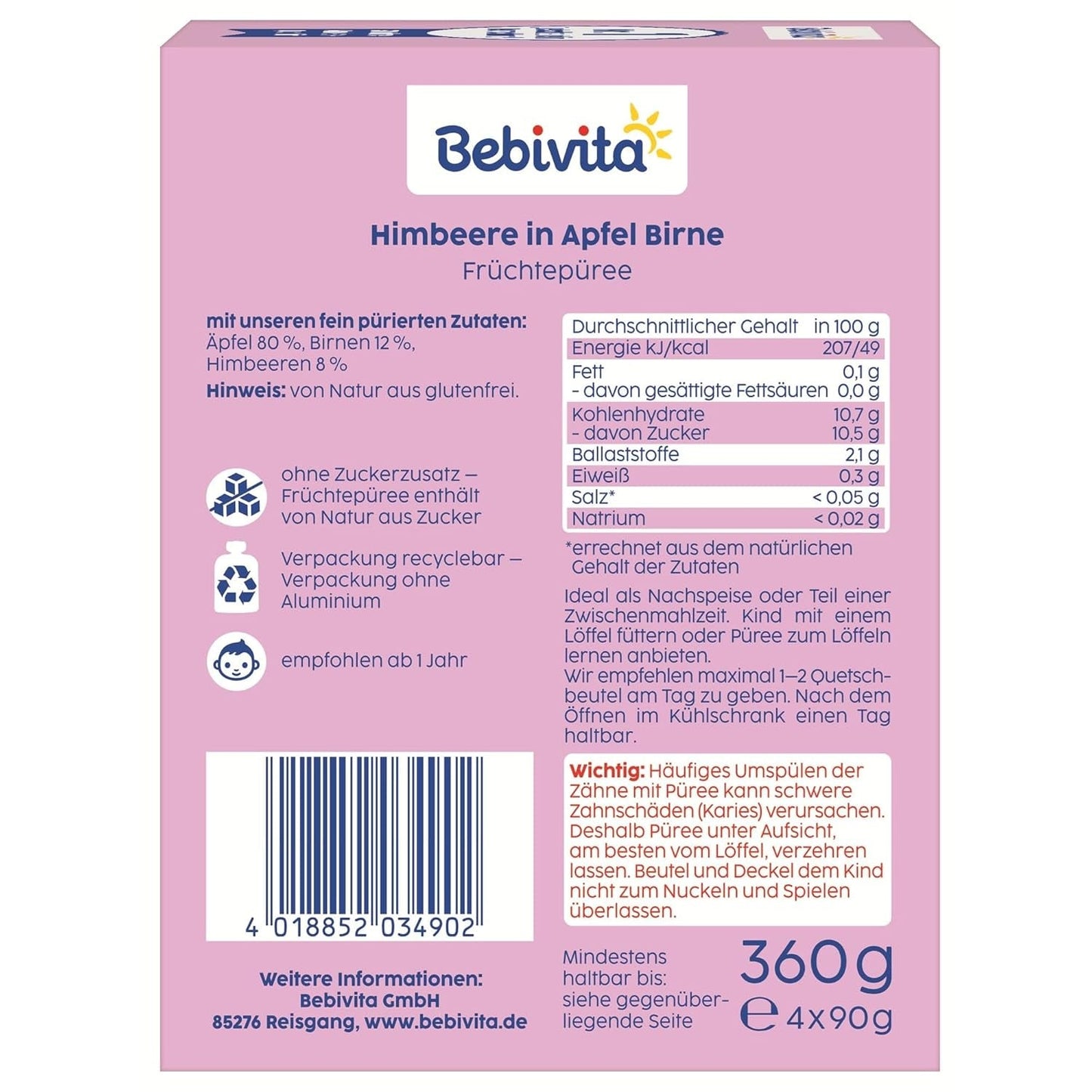 Himbeere in Apfel Birne Quetschie – 16 Stück (4 sztuki, 4 x 90 g), ohne Zuckerzusatz, glutenfrei, idealne dla unterwegs i selbständiges Snacken