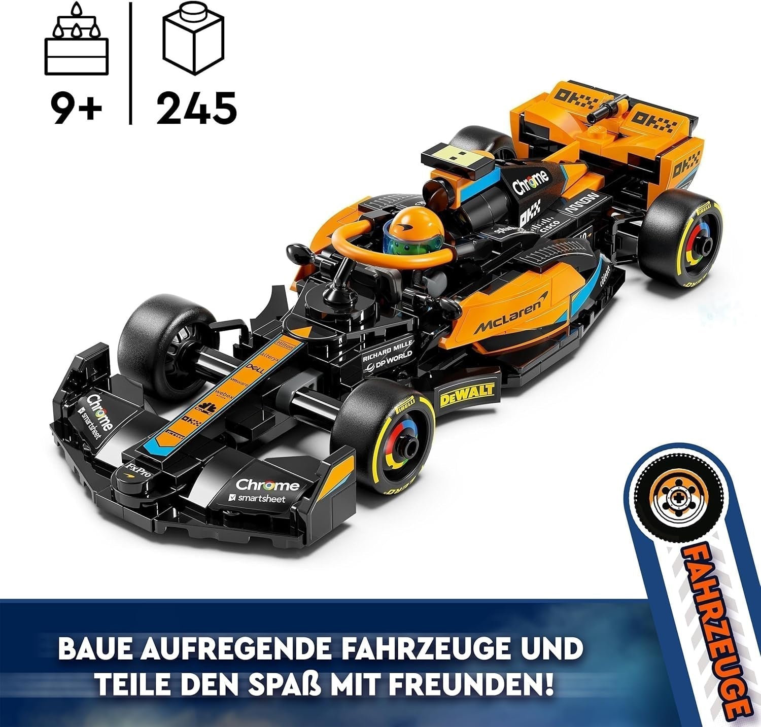 LEGO Speed Champions Samochód wyścigowy Formuły 1 Mclaren 2023, zabawka dla chłopców i dziewcząt w wieku powyżej 9 lat, którzy lubią bawić się samodzielnie, model pojazdu do zbudowania, wystrój pokoju dziecięcego 76919 Zestawy do budowania Besuche den LEGO-Store