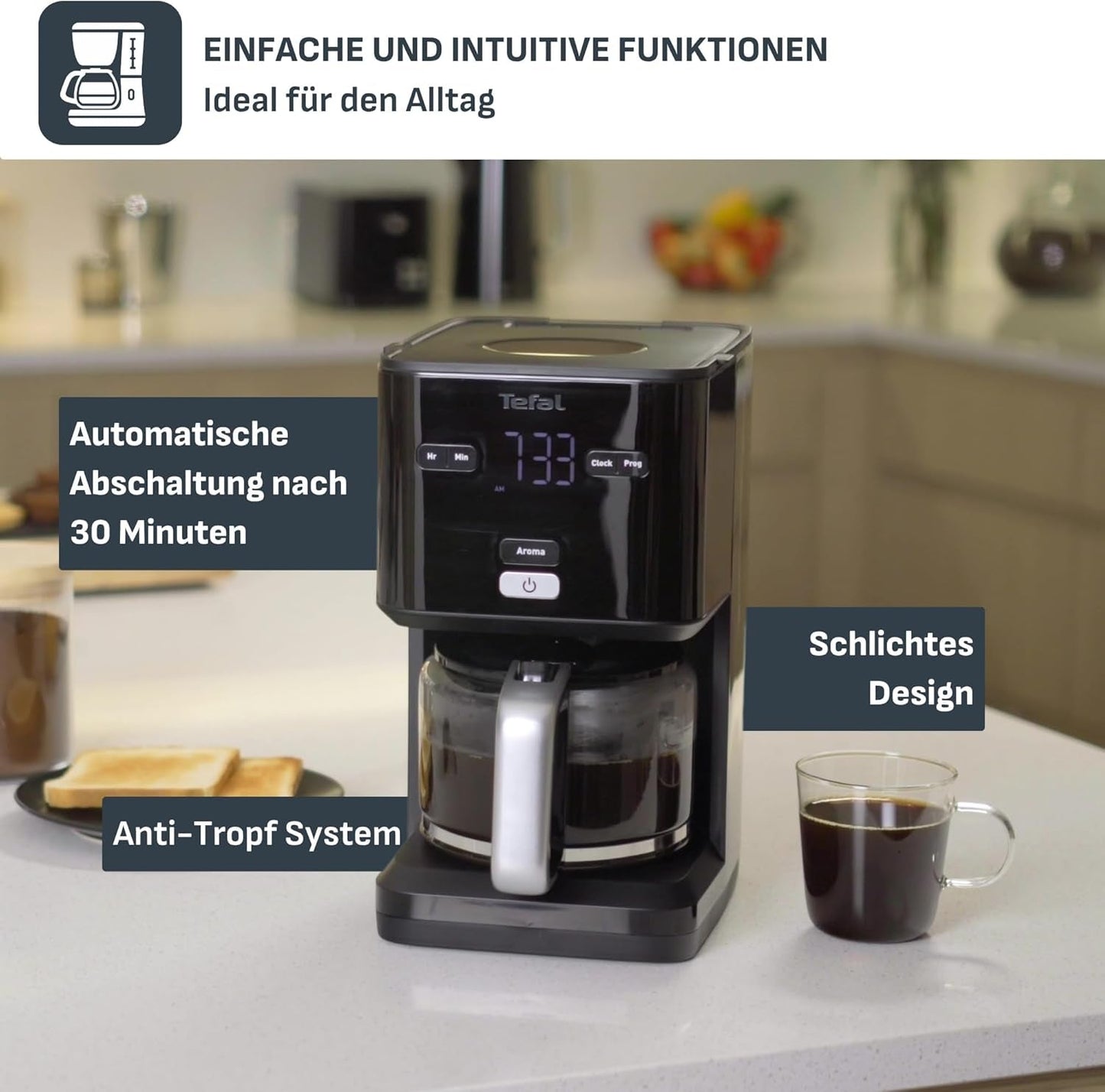 Ekspres do kawy Tefal Smart'n Light z timerem, ekspres do kawy z programowalnym filtrem 1,25 l, funkcja aromatu zapewniająca intensywny aromat, funkcja utrzymywania ciepła, zabezpieczenie przed kapaniem i łatwe czyszczenie, czarny