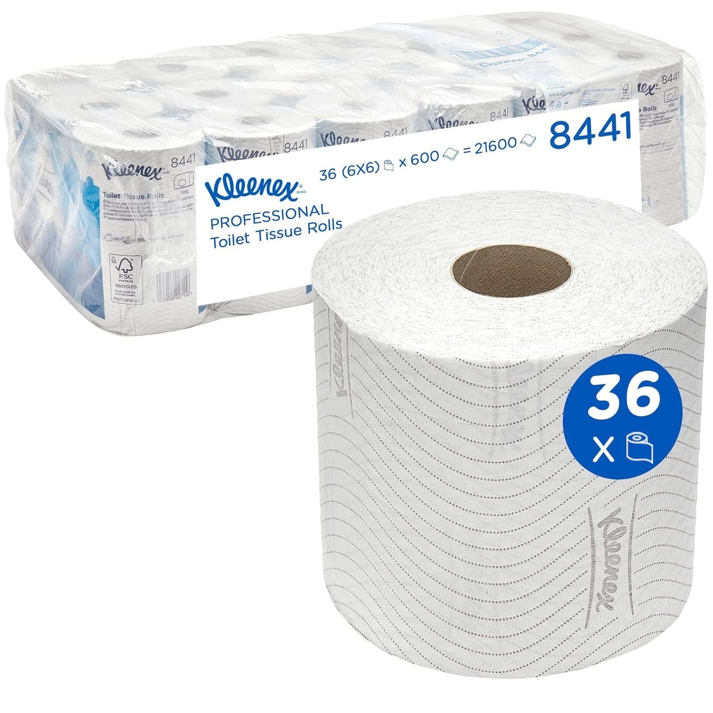 Papier toaletowy Kleenex Standard Roll 8441 – 2-warstwowy papier toaletowy – 6 opakowań po 6 rolek x 600 arkuszy każda, biały (łącznie 36 rolek/21 600 arkuszy)