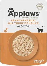 Applaws 100% naturalny Nassfutter für Katzen, Hühnerbrust mit Tunfischfilet in Brühe - Packung mit 12 x 70g Beuteln