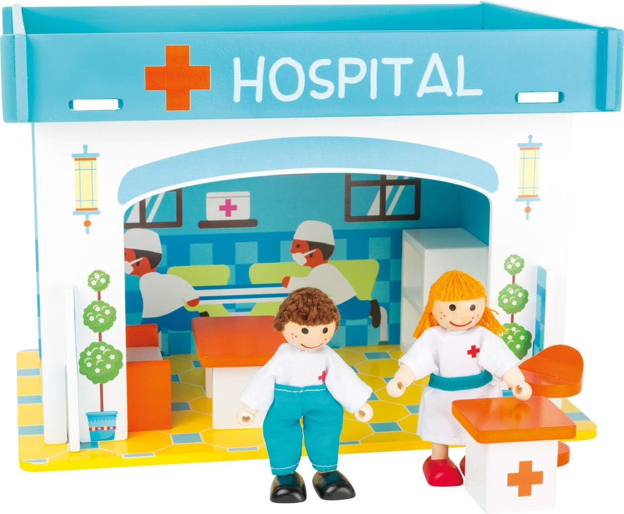 Small Foot 10852 Playhouse Restaurant Wykonane z drewna, z 2 figurkami lalek, akcesoriami i zdejmowanym dachem, od 3 lat Dollhouses Naty Shop Hospital