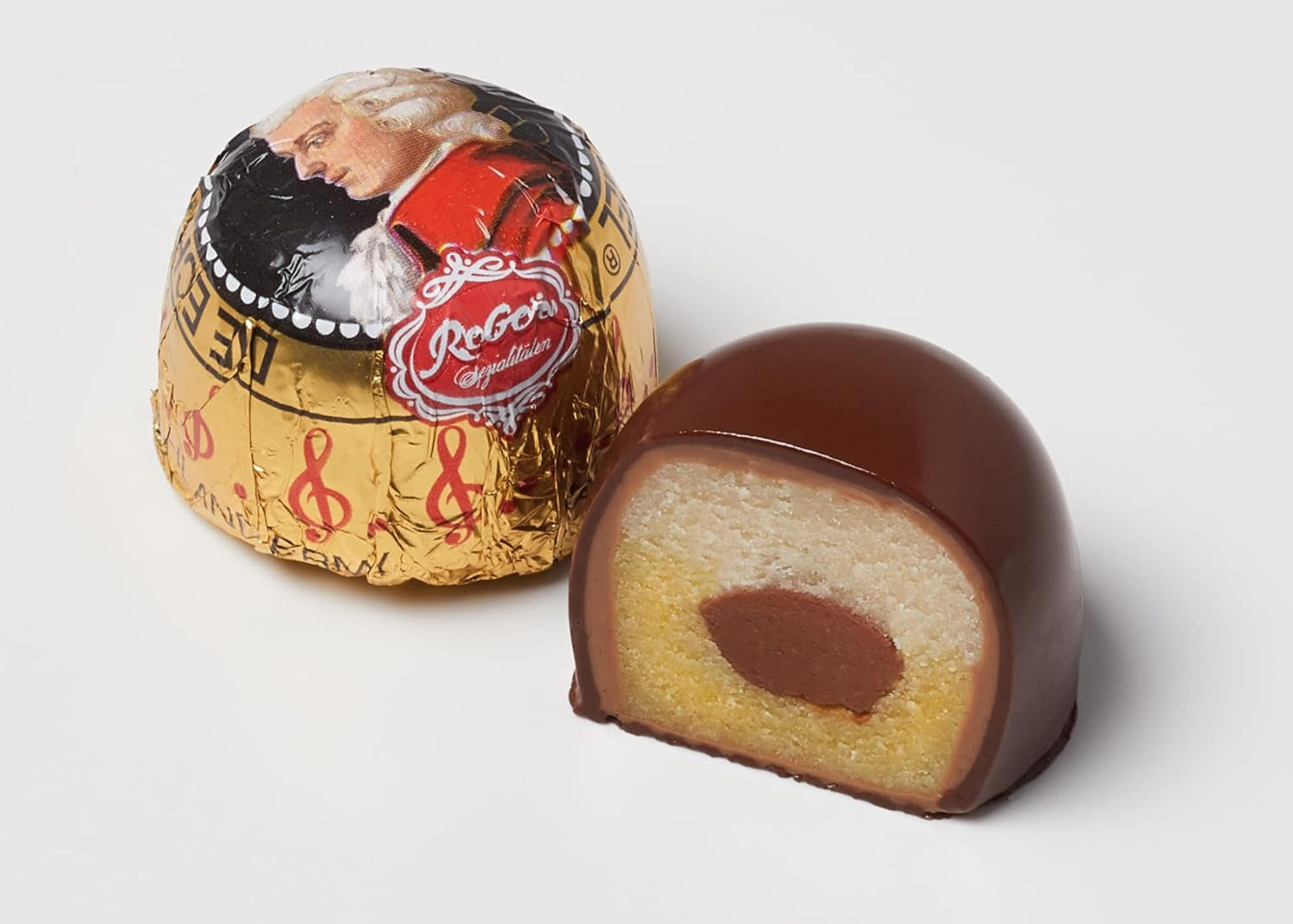 Rebel, Duet Mozart Kugeln, opakowanie 2 szt., kulki Mozarta z ciemnej czekolady nadziewane pistacjami i marcepanem, migdałami i nugatem z orzechów laskowych, 40g (2 kulki Mozarta)