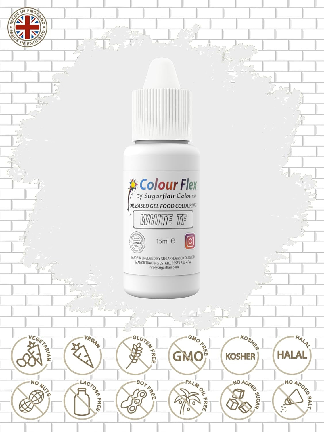 Sugarflair Colourflex Biały barwnik spożywczy na bazie oleju, wysoce skoncentrowany płynny barwnik spożywczy, barwnik spożywczy do śmietany, czekolady, ciasta, kremówki, lukieru i nie tylko - 15 ml