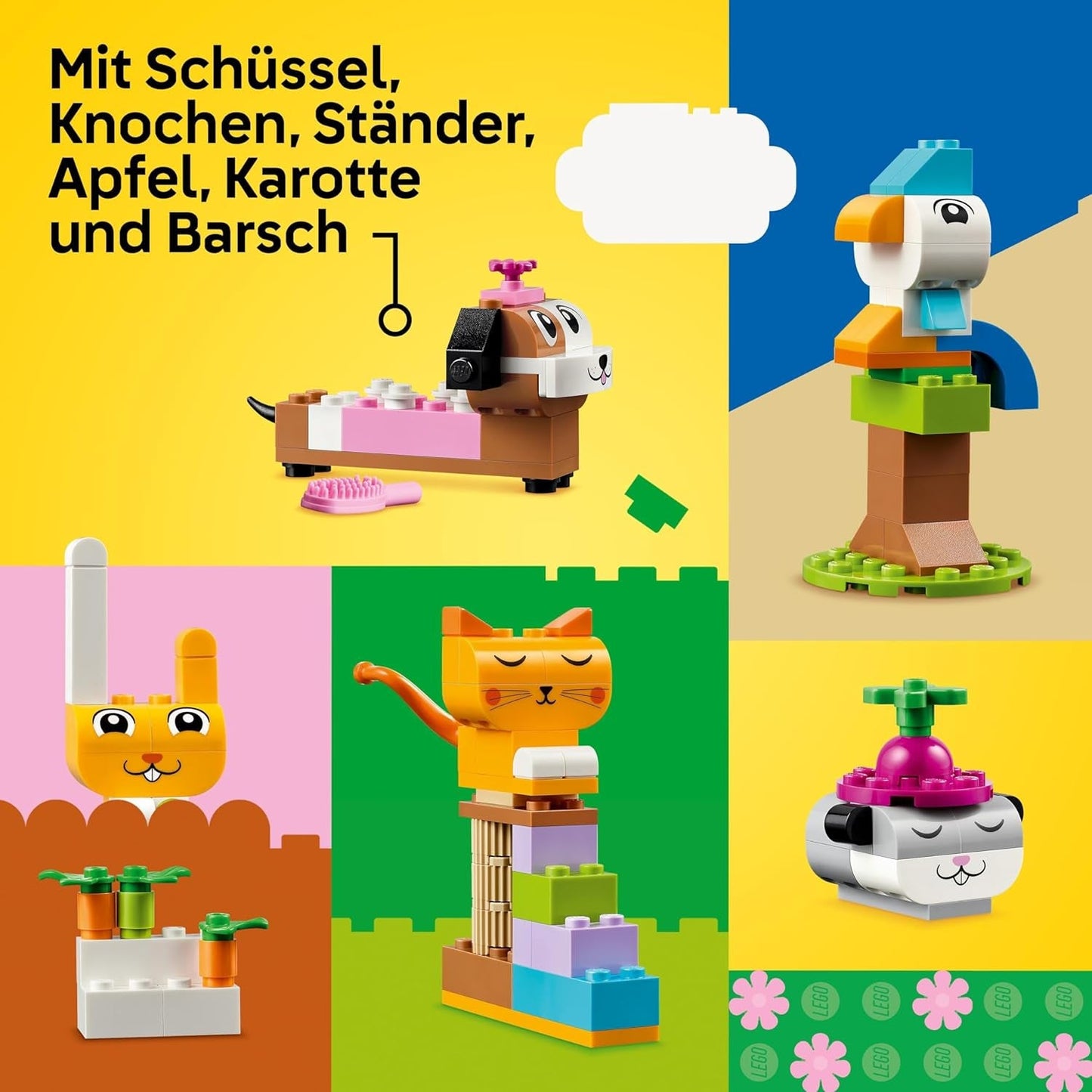 LEGO Classic Kreatywne zwierzęta, pudełko z kolorowymi klockami, klocki do zbudowania figurek zwierząt, takich jak pies, kot, królik, chomik i ptak, zabawka konstrukcyjna dla chłopców i dziewcząt od 5 lat 11034 Zestawy do budowania Besuche den LEGO-Store