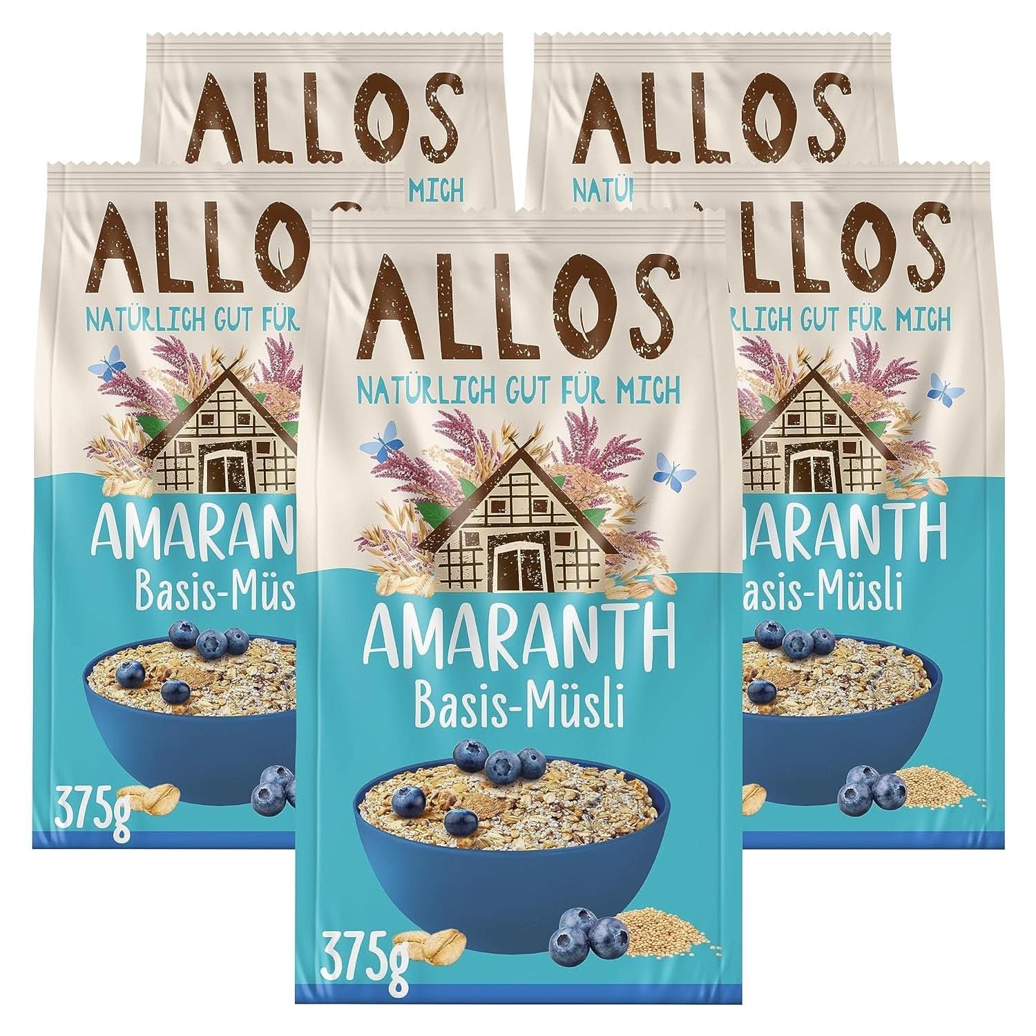 Allos, niesłodzone musli jagodowe, opakowanie 5 x 500 gramów Płatki Naty Shop Muesli na bazie amarantusa