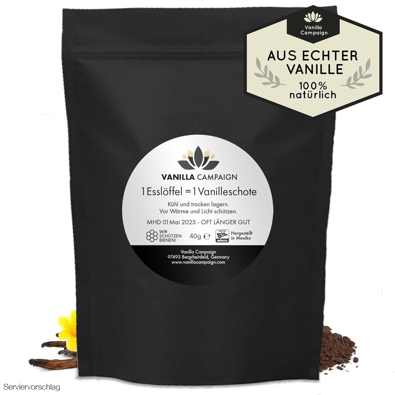 Proszek waniliowy premium z prawdziwych ziaren wanilii, naturalny, bez cukru, bez dodatków, Fairtrade, wegański (40 g bez pudełka) Z Vanilla Campaign® Flavours Naty Shop 40g (pojedyncza dawka)
