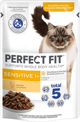 Mokra karma dla kotów Perfect Fit Sensitive 1+ z kurczakiem w sosie, 12 saszetek, 12 x 85 g - Mokra karma premium dla wrażliwych kotów od 1 roku, bez pszenicy i soi, wspomagająca trawienie