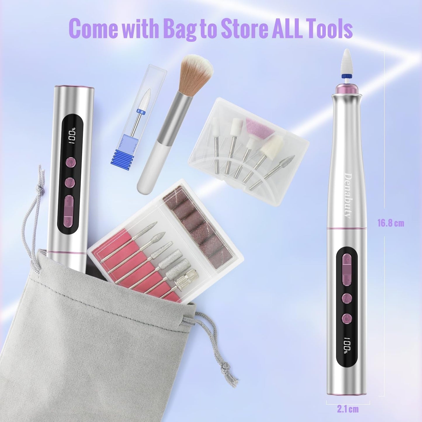 Denabuty Nagelfräser Kabellos, 13 w 1 Fräser Für Gelnägel 35000 U/Min, Elektrische Nagelfeile Professionell Wiertarka do paznokci, Zestaw do maniküre i pedicure Elektrisch Für Semi Permanent, Acrylnägel DN-2402