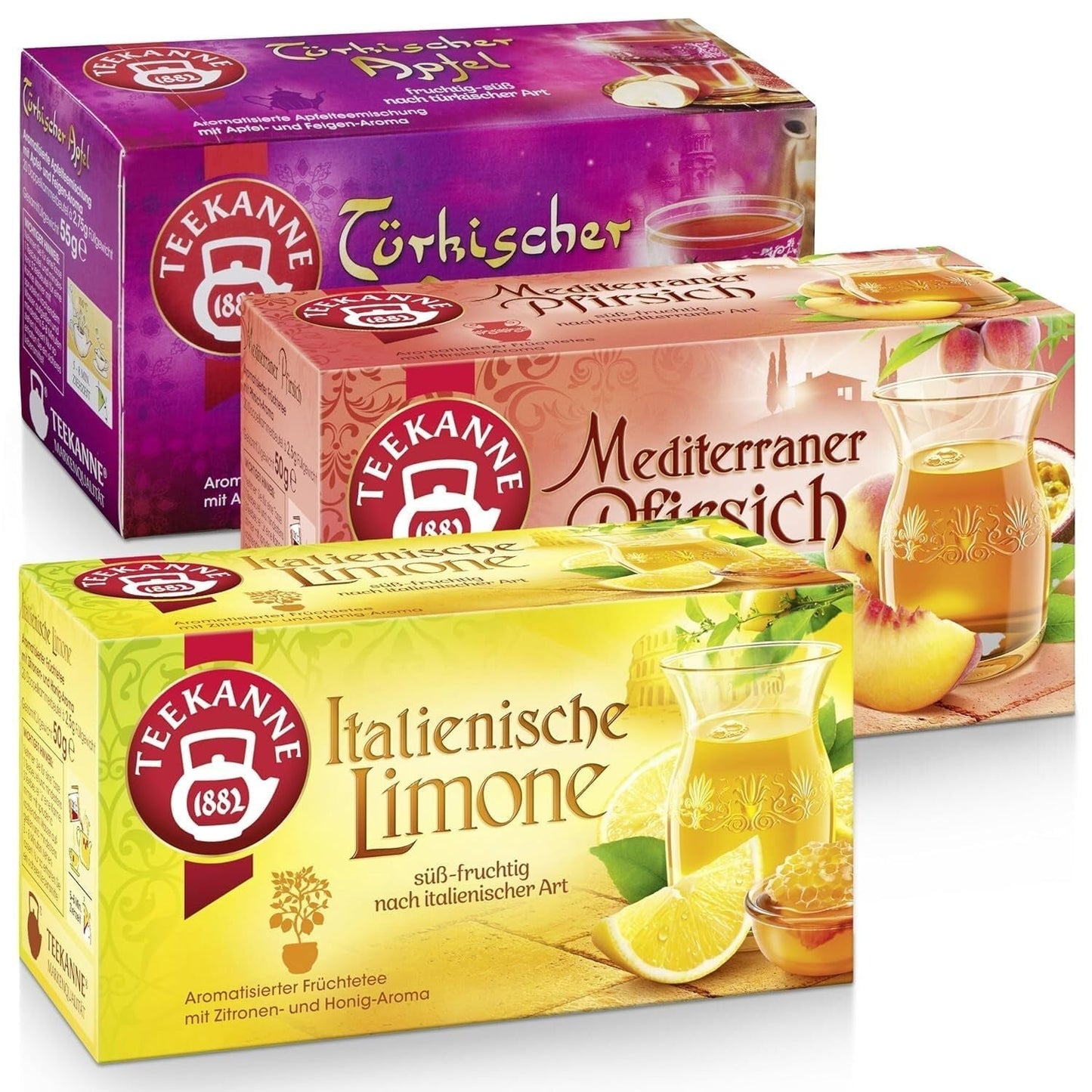 Zestaw herbat Teekanne 3 asortymenty, włoska cytryna, śródziemnomorska brzoskwinia i tureckie jabłko, 155g