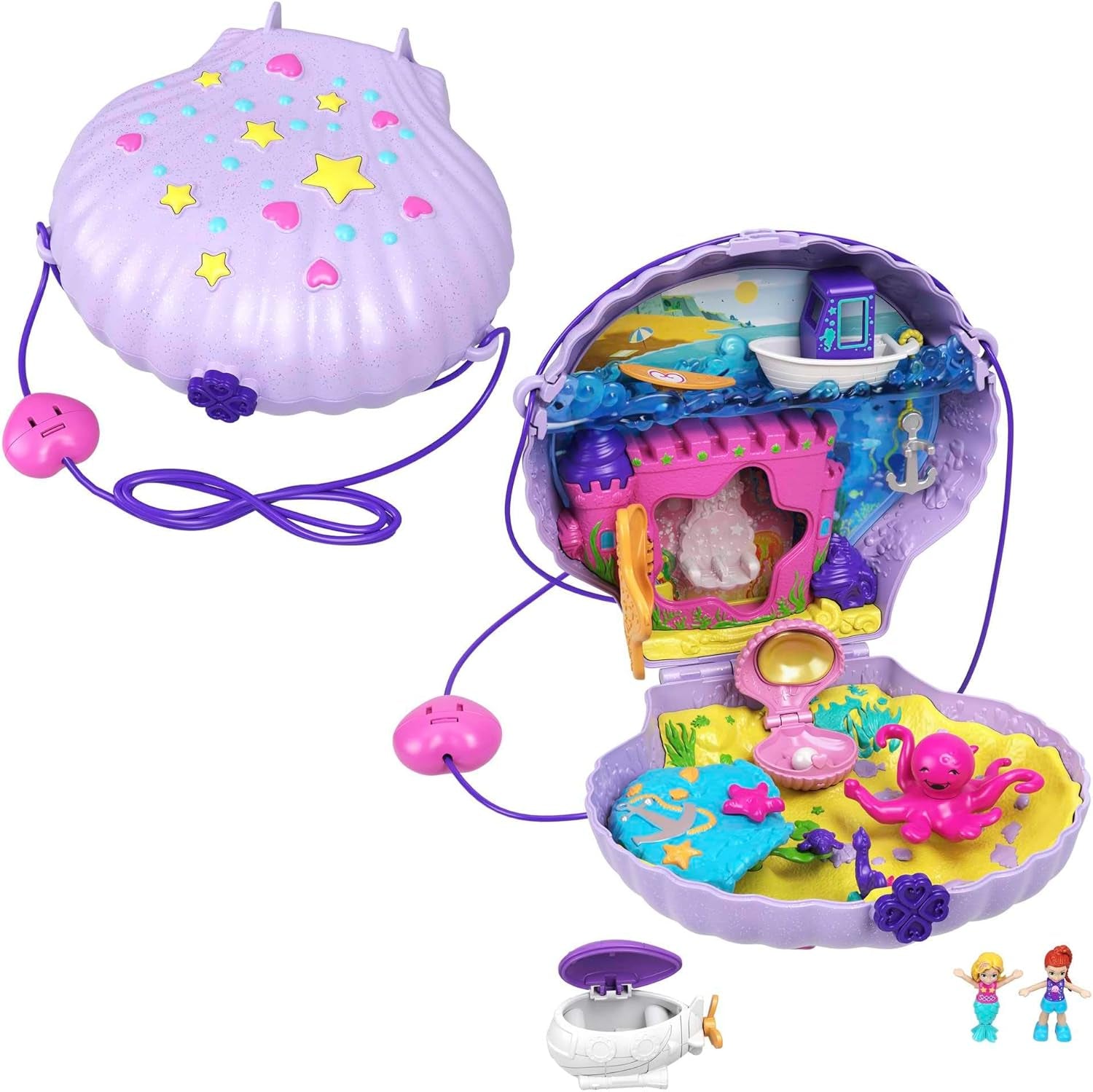 Polly Pocket Trumna Podwodny motyw Torba z muszli 2 lalki 1 Łódź podwodna Polly Pocket Zabawka syrenka Wiek 4 GNH11 Naty Shop Lalki Fioletowe