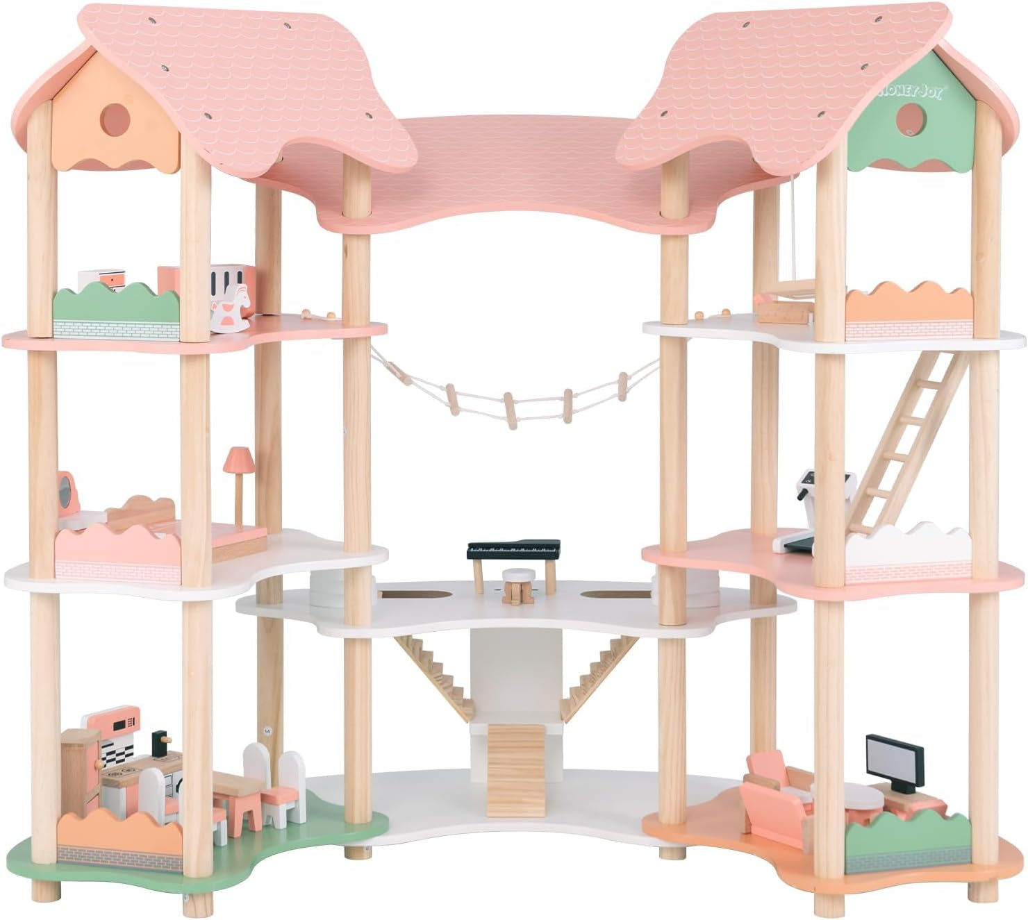 Drewniany domek dla lalek FANTASK, wysokość 85 cm, 7-pokojowy domek dla lalek z 32 meblami i akcesoriami, domek dla lalek z drabinką linową, domek dla lalek prezent dla 3-letnich dziewczynek (model 3) Domki dla lalek Naty Shop Domyślny tytuł