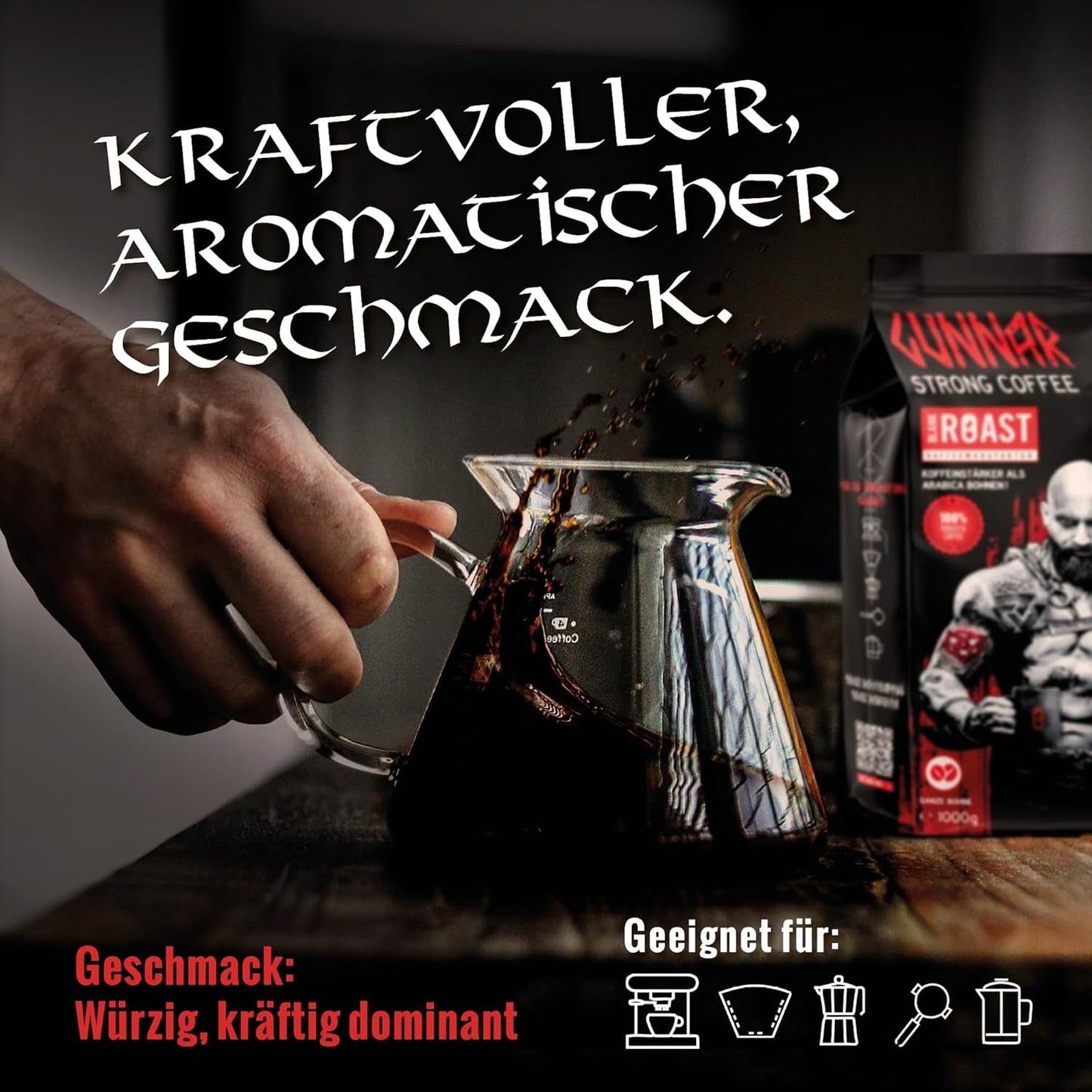Pusta pieczeń - GUNNAR - 1kg - Cała kawa-Bohnen Extra Strong - Kräftige Robusta-Röstung - 494mg Kaffein je Tasse - Würzig & Kraftvoll mit Noten von dunkler Schokolade - Säurearm