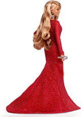 Barbie Mariah Carey - lalka kolekcjonerska z błyszczącą czerwoną sukienką, falbankami, rozcięciem, uroczymi lokami, srebrnymi dodatkami, czerwonymi szpilkami, tradycją bożonarodzeniową, dekoracją, HJX17