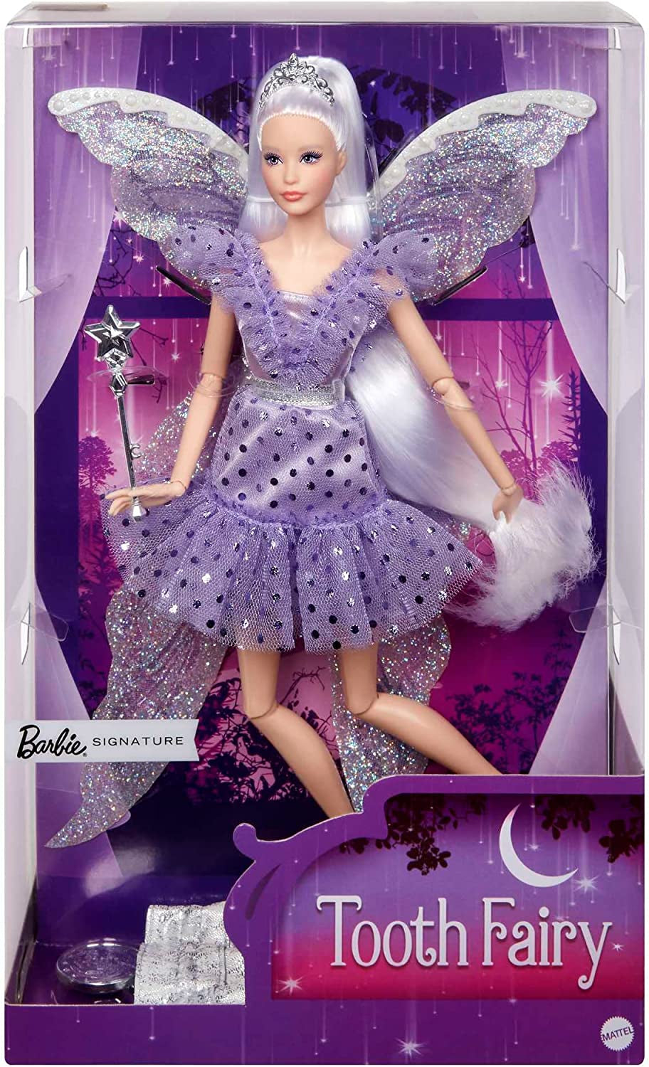 Podpisowa lalka Barbie wróżka-zębuszka, kolekcjonerska lalka ze skrzydłami wróżki, magiczna różdżka i woreczek na monety, prezent dla dzieci w wieku 6+, JCW43 Naty Shop Dolls Domyślny tytuł