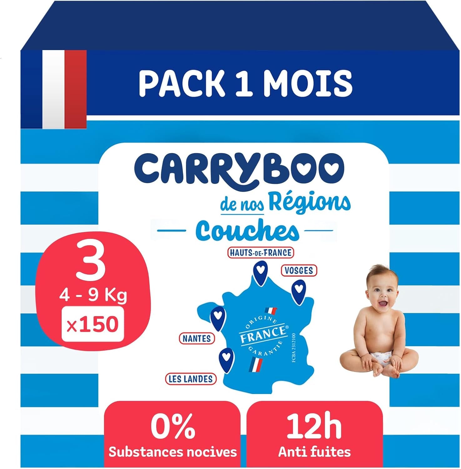 - Pieluszki rozmiar 3 (4-9 kg) - zdrowe i bardzo chłonne - 12 godzin szczelności - nie zawierają niepożądanych substancji - wyprodukowano we Francji - przystępna cena - 150 pieluszek jednorazowych
