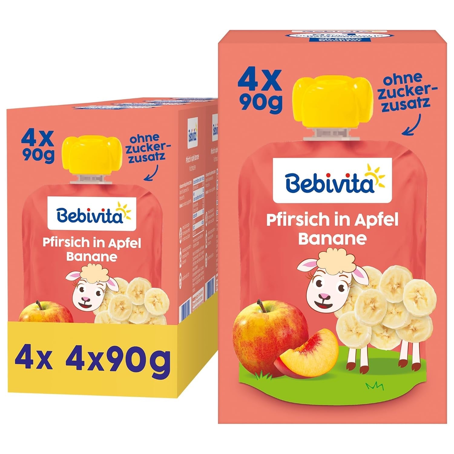 Torebki do wyciskania brzoskwinie, jabłka i banany - 16 (4 opakowania, 4 x 90 g każda), bez dodatku cukru, bezglutenowe, idealne do przekąsek na wynos i do samodzielnego spożycia