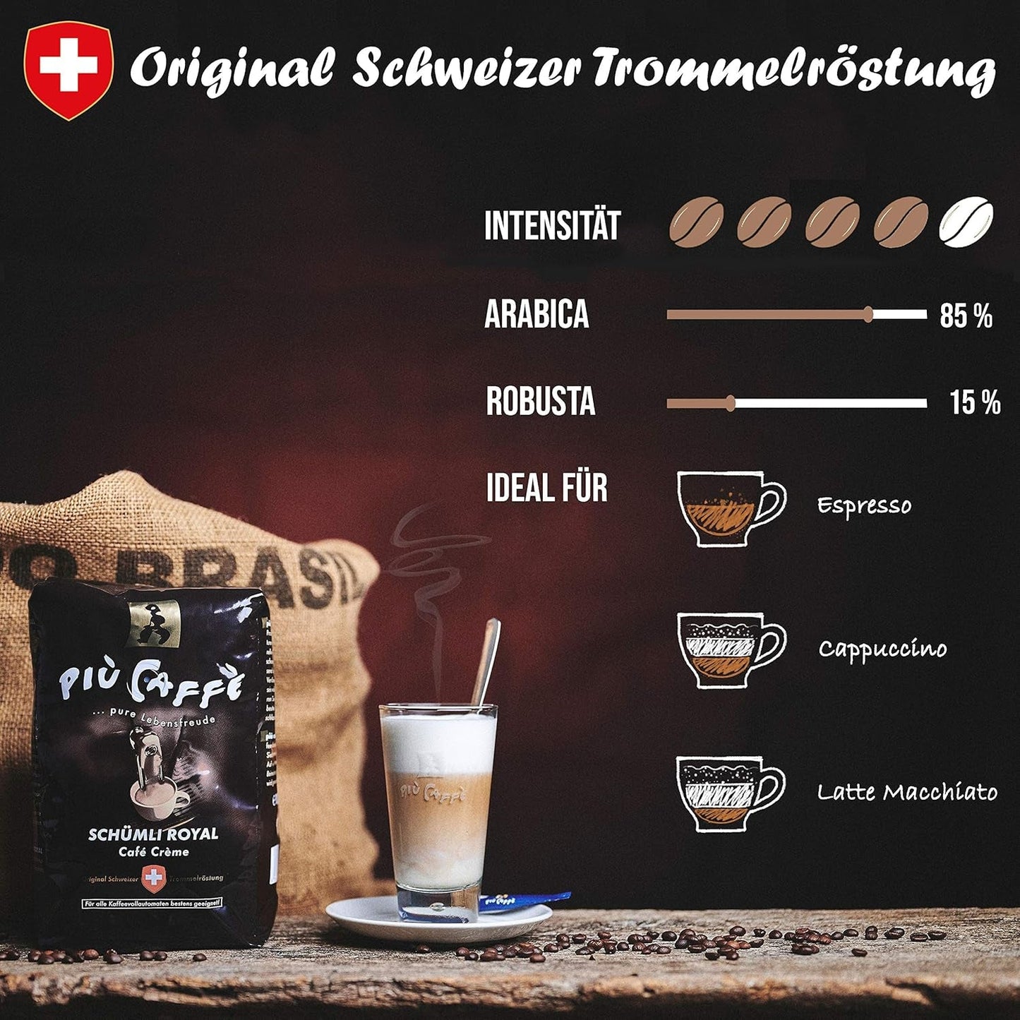 Café Crème Kaffeebohnen, würzig, kräftig, intensiv und gehaltvoll, Arabica und Robusta, Schweizer Trommelröstung, ganze Bohnen für Volllautomaten Schümli Royal 1 kg