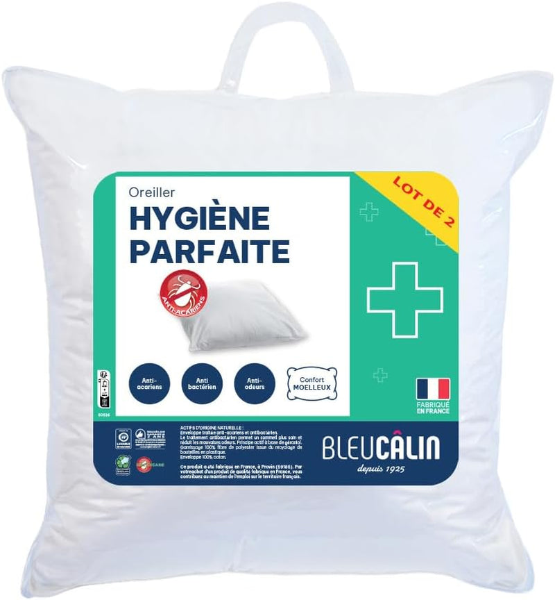 Bleu Câlin Zestaw 2 prostokątnych poduszek przeciwroztoczowych, antybakteryjnych, puszysty komfort, T 60X60 cm, 100% bawełna, doskonały asortyment higieniczny Poduszki standardowe Naty Shop