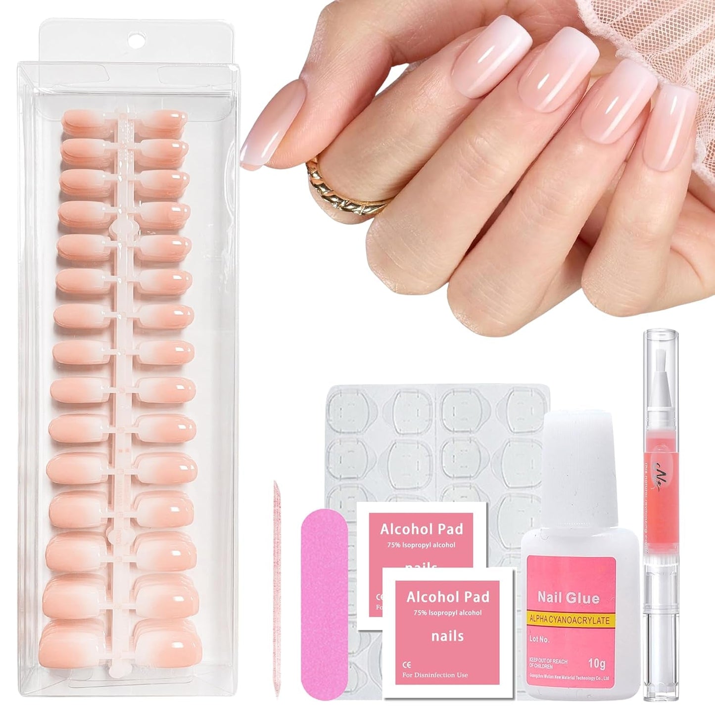 240 szt. Zestaw gradientowych kwadratowych paznokci, Nude White Gradientowe sztuczne paznokcie na klej do długopisu olejnego, Średni Ombre Naturalne sztuczne paznokcie dla kobiet DIY (Nude Square)