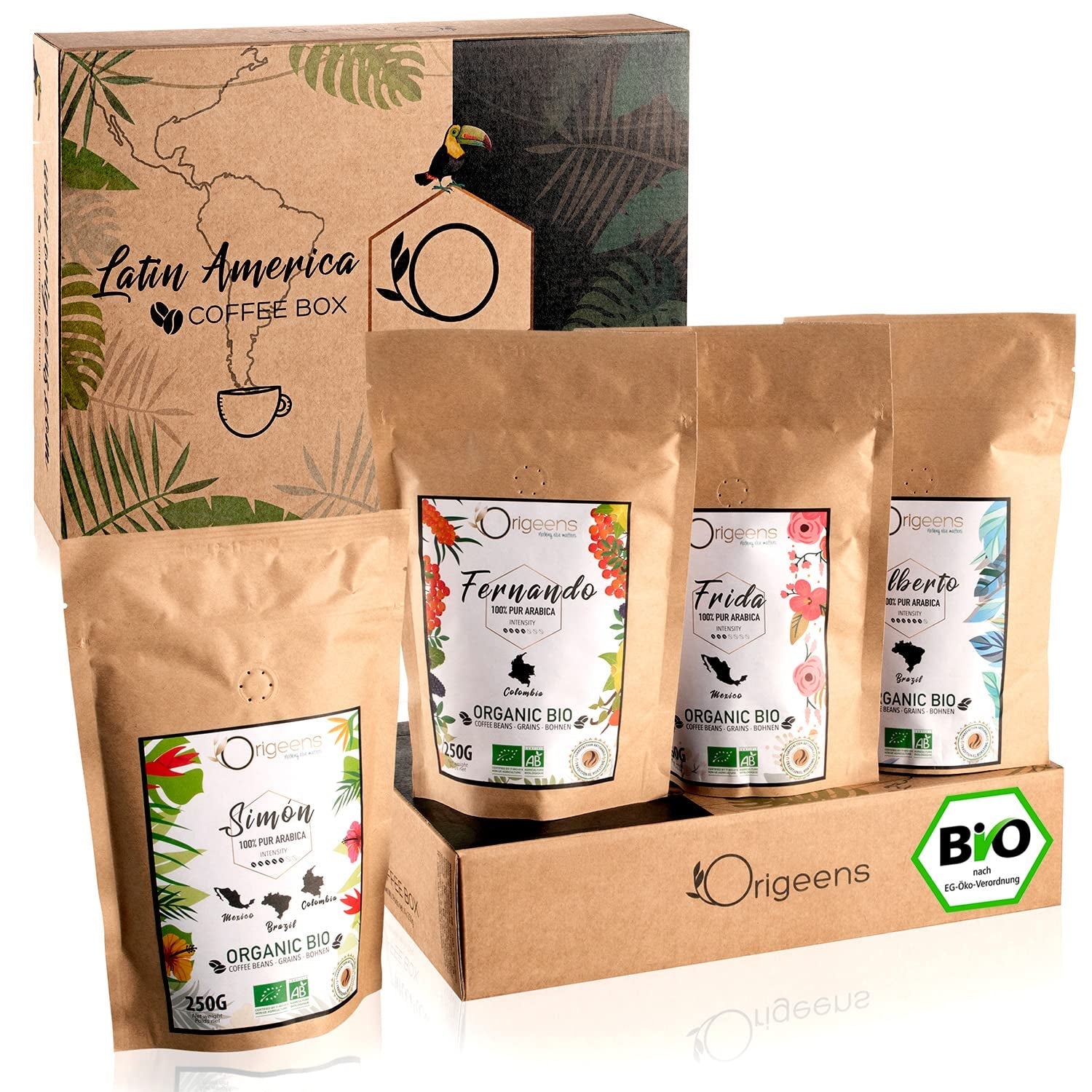 ORIGEENS Bio Kaffeebohnen Probierset 1kg | Zestaw Premium Bio Arabica Kaffee Ganze Bohnen 4x250g | Tradycyjny Röstung | Kaffee Geschenkset