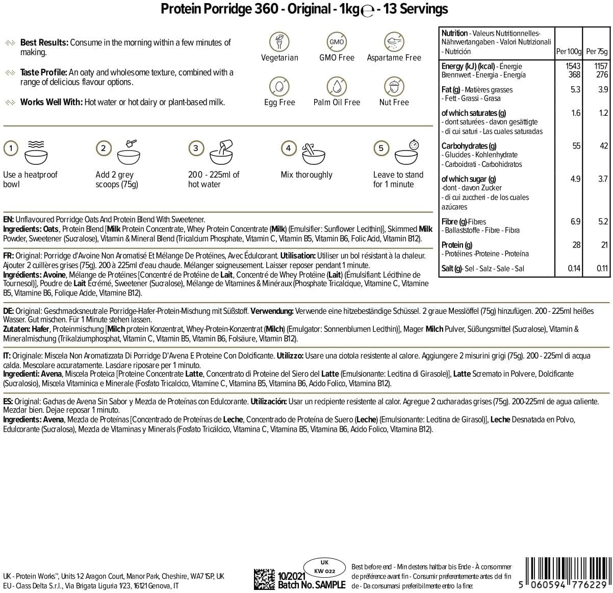 Protein Works - Owsianka białkowa 360 | Mit Dodatkowe witaminy i minerały | Proteinreiches Frühstück | Kalorienarme Haferflocken | 13 porcji | Naturalny | 1 kg płatków zbożowych Sklep Naty