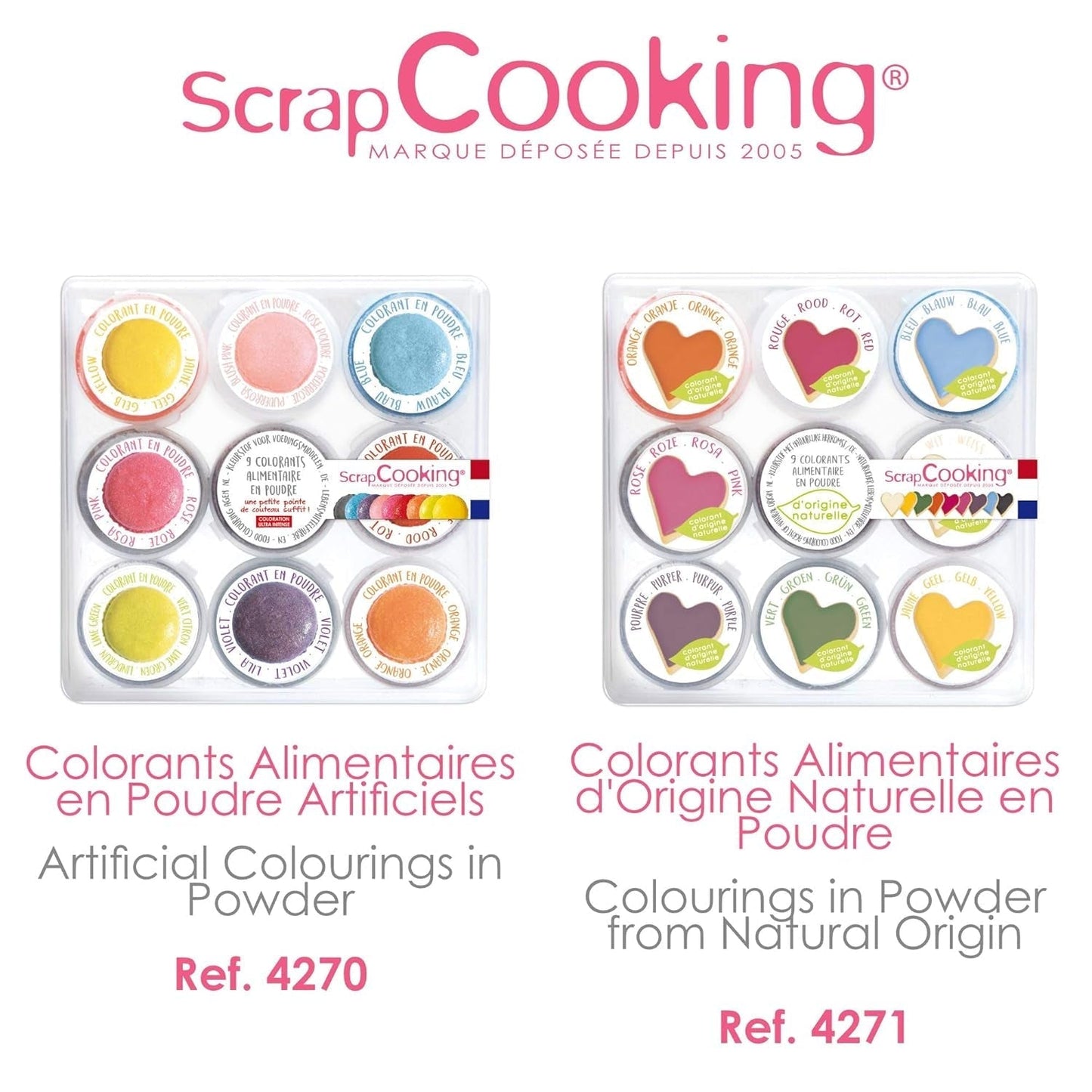 Scrapcooking - Zestaw 9 barwników spożywczych w proszku - Niebieski, Żółty, Różowy, Fioletowy, Pomarańczowy, Limonkowy, Czerwony, Pudrowy róż, Czarny - Jadalny proszek barwiący do ciast, babeczek, makaroników - 4270
