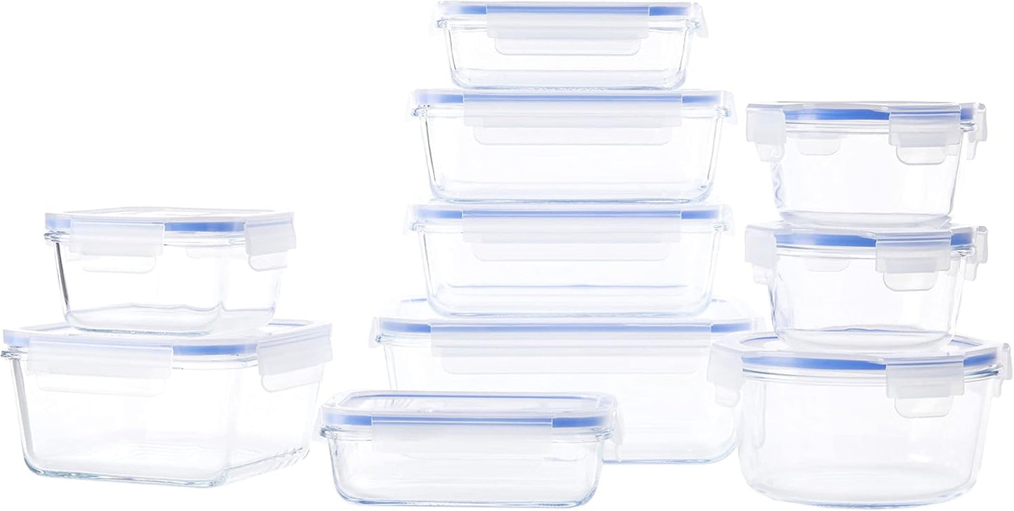 Amazon Basics Szklane pojemniki na żywność z pokrywkami, 20 sztuk (10 pojemników + 10 pokrywek) Bez BPA, Przezroczyste, niebieskie pudełka do przechowywania żywności Naty Shop 20 pojedynczych