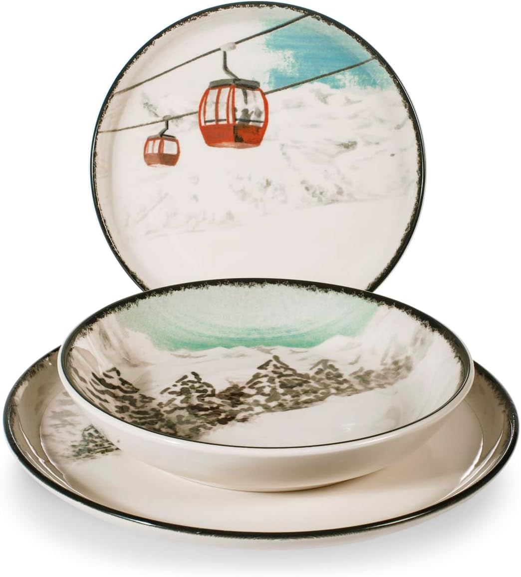 Winter Escape 12-częściowy zestaw świątecznych naczyń kamionkowych - Nordic Winter Skier Design - Można myć w zmywarce i używać w kuchence mikrofalowej