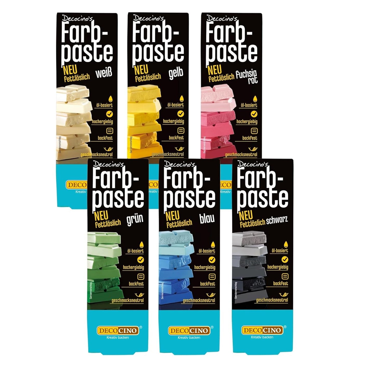 Decocino Rozpuszczalna w tłuszczach pasta koloryzująca Zestaw 6 - 6 x 15 g - Barwnik spożywczy w kolorze czerwonym, białym, zielonym, żółtym, niebieskim i czarnym, idealny do barwienia ciast, kremów i kremów - Bez azo i glutenu