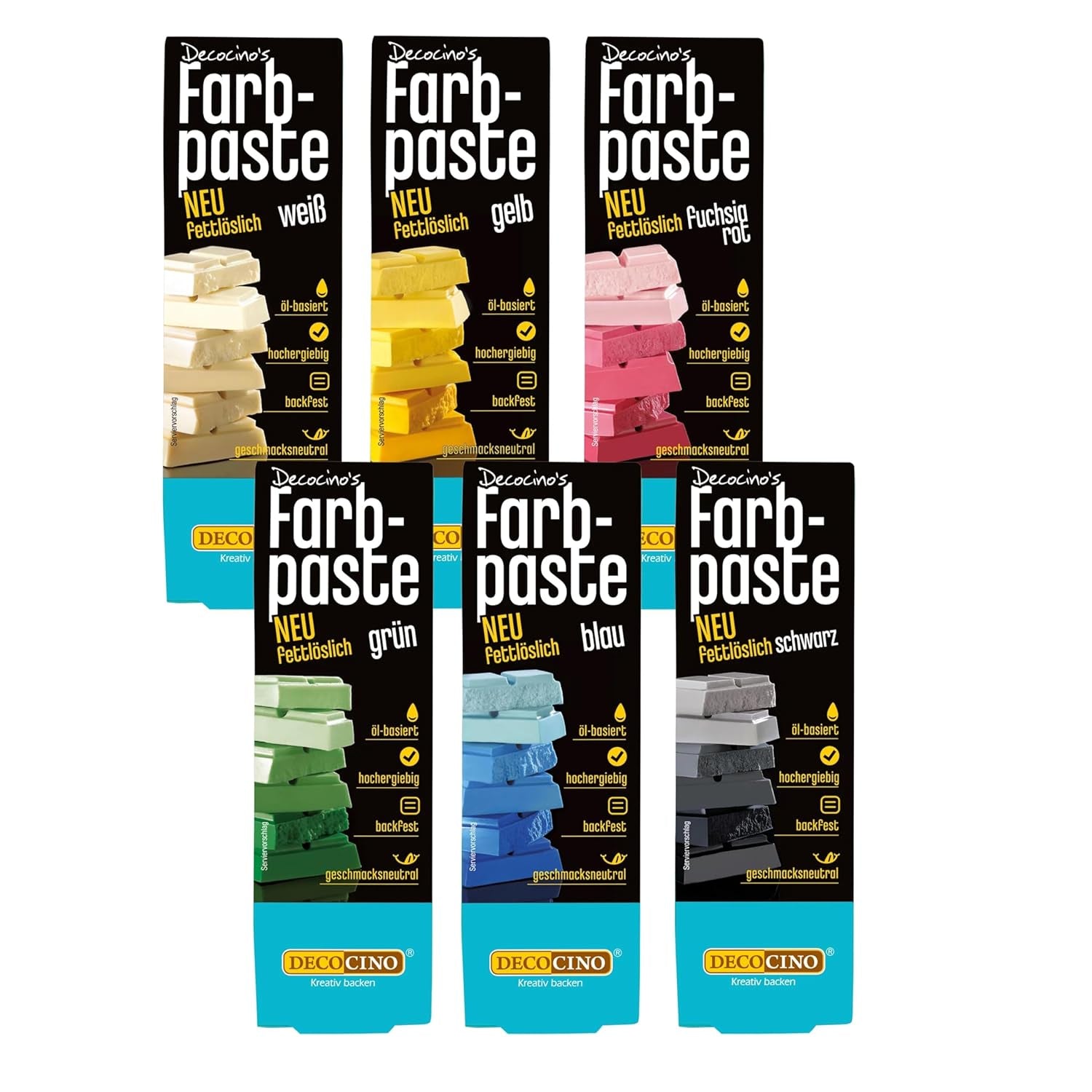 Decocino Rozpuszczalna w tłuszczach pasta koloryzująca Zestaw 6 - 6 x 15 g - Barwnik spożywczy w kolorze czerwonym, białym, zielonym, żółtym, niebieskim i czarnym, idealny do barwienia ciast, kremów i kremów - Bez azo i glutenu